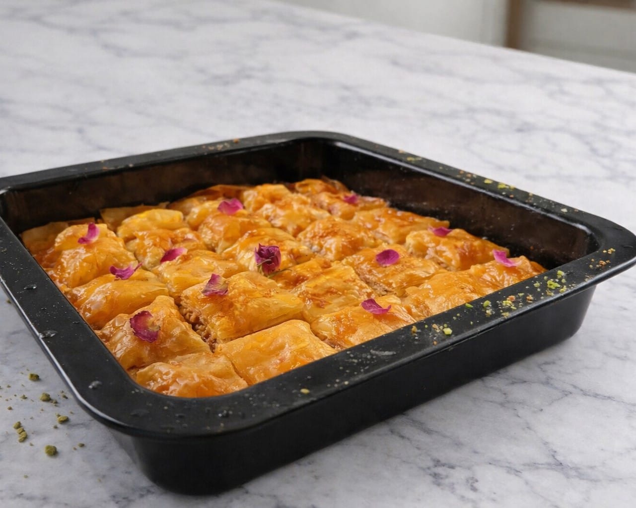 Freshly baked homemade honey baklava with rose petals on top.