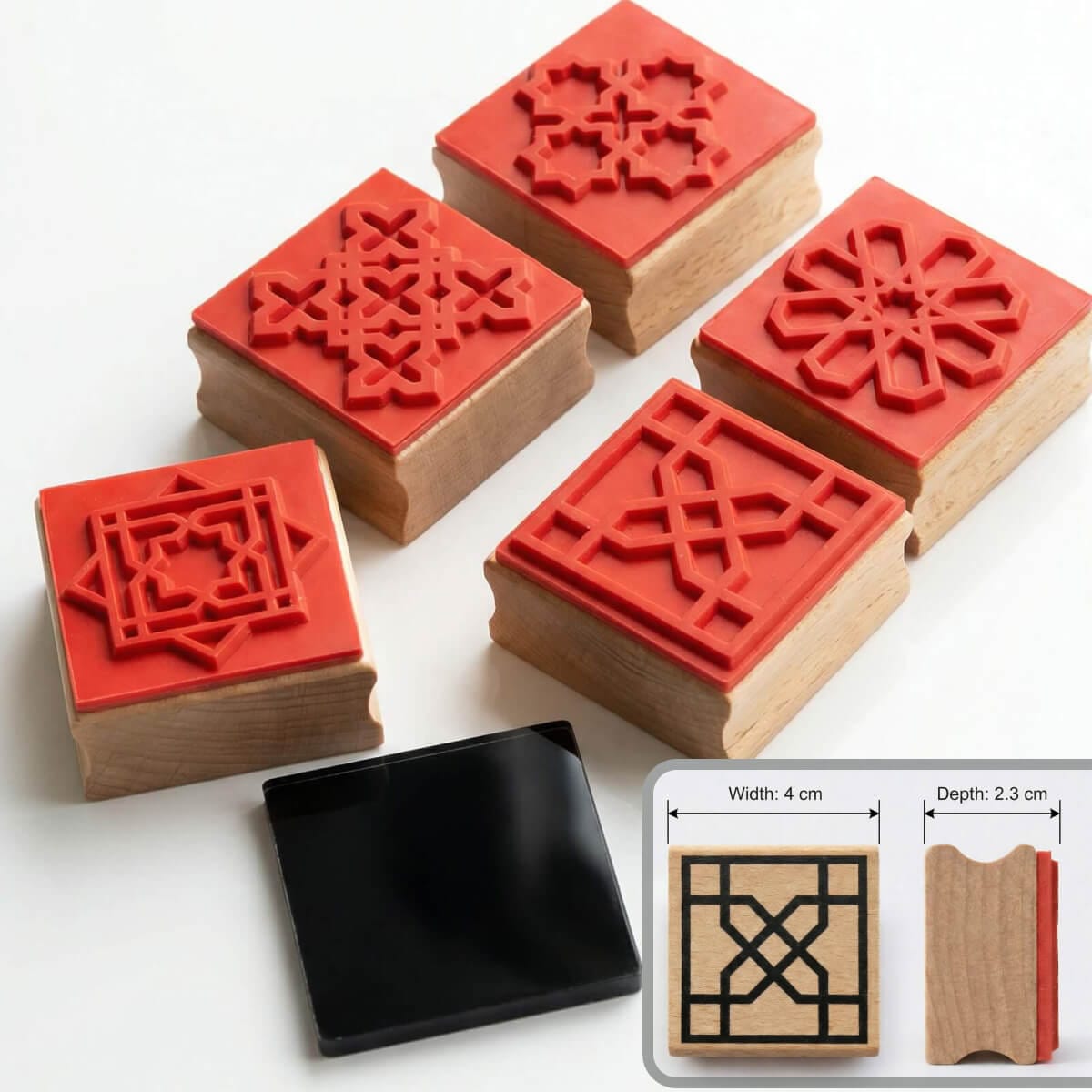 Islamic geometric pattern rubber stamp set with five wooden stamps, black ink pad, and size reference for DIY art and Ramadan decor