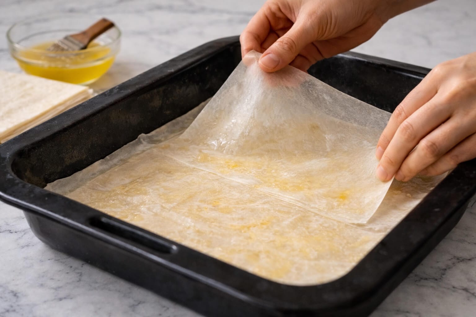 Layering buttered phyllo dough in a baking tray.