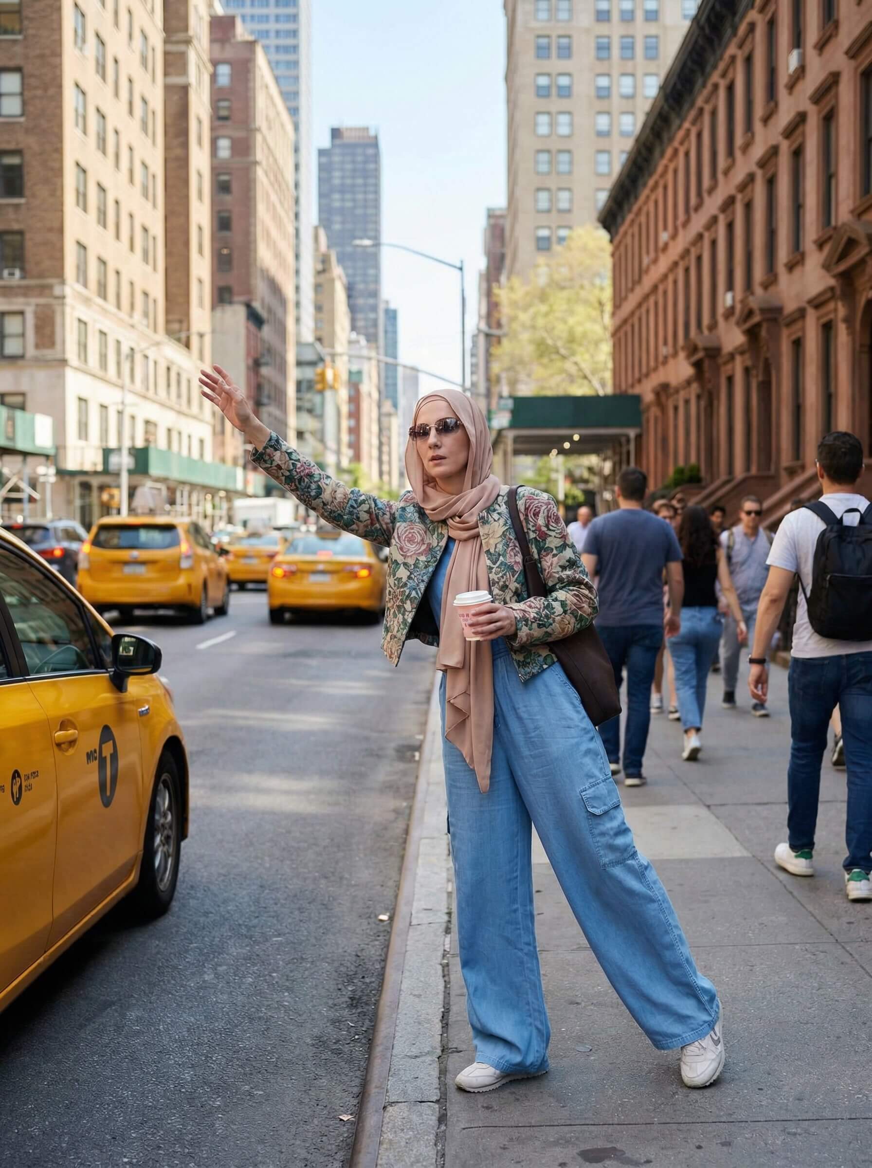 Modest denim jumpsuit outfit in New York street style with embroidered jacket and rose hijab, styled for practical spring city wear.