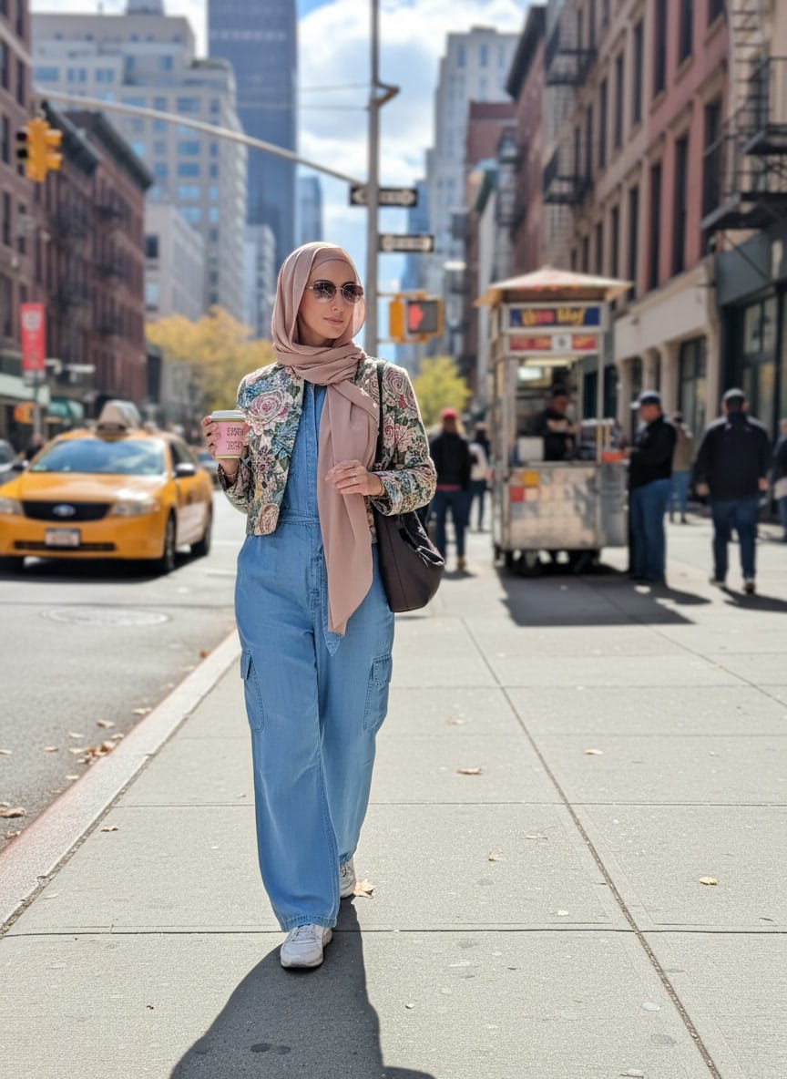 Hijabi woman wearing a modest jumpsuit with sneakers and embroidered jacket, styled as a practical spring outfit for urban street style.
