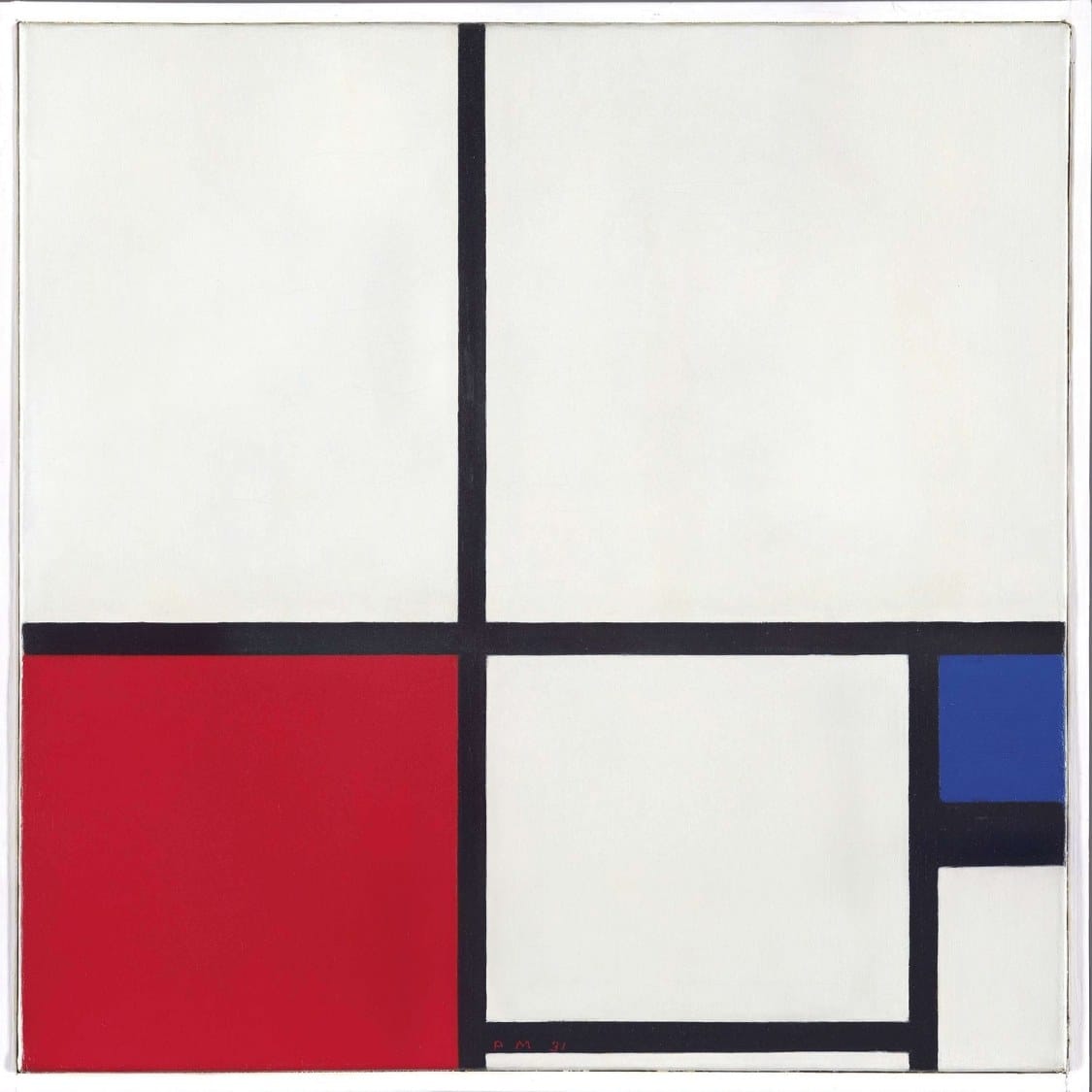 Piet Mondrian composition showing restrained use of red, blue, black, and white, used as inspiration for colour balance and negative space.