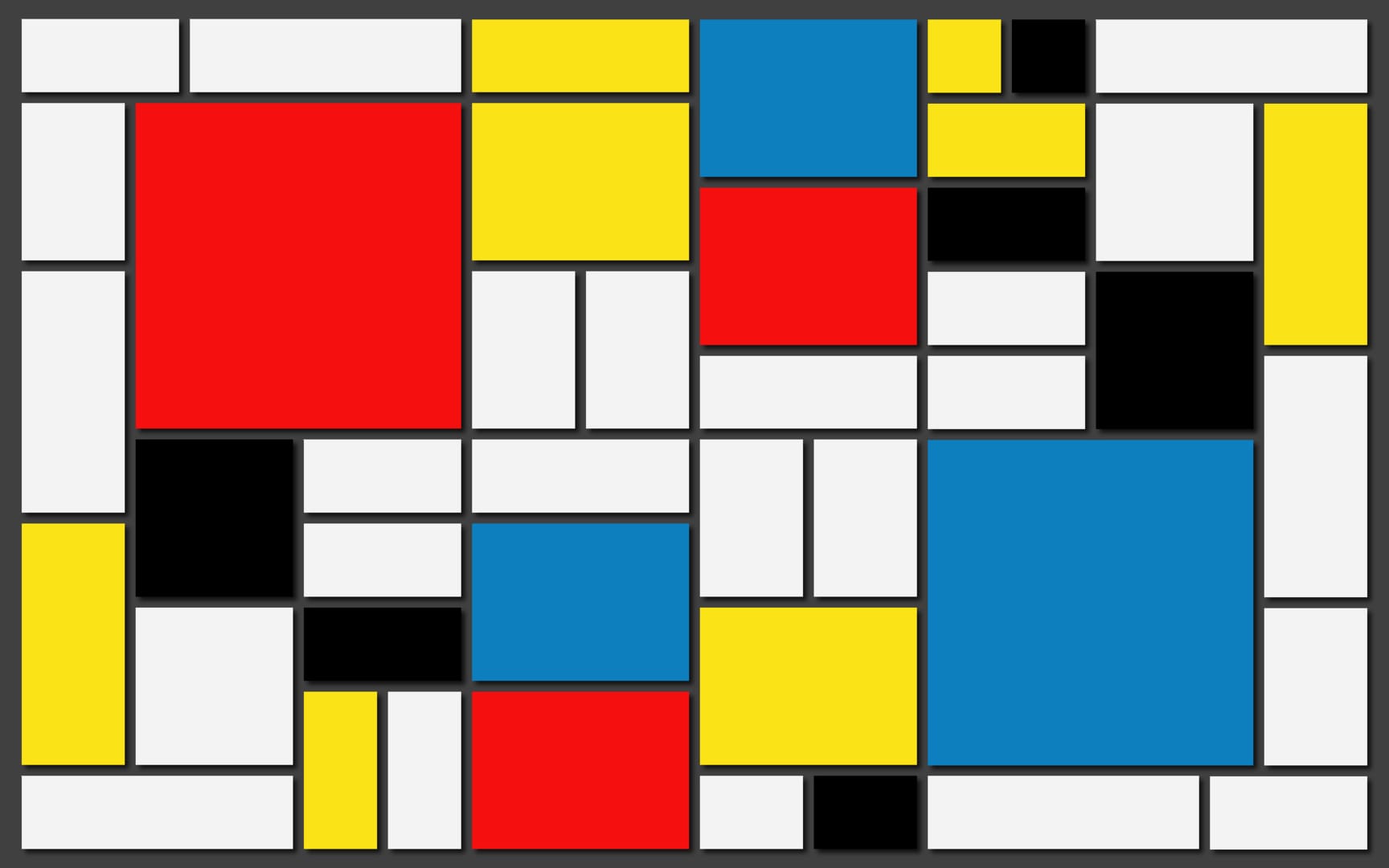 Mondrian-inspired composition using red, blue, yellow, black, and white blocks arranged in a balanced geometric grid, illustrating restraint and negative space in abstract design.