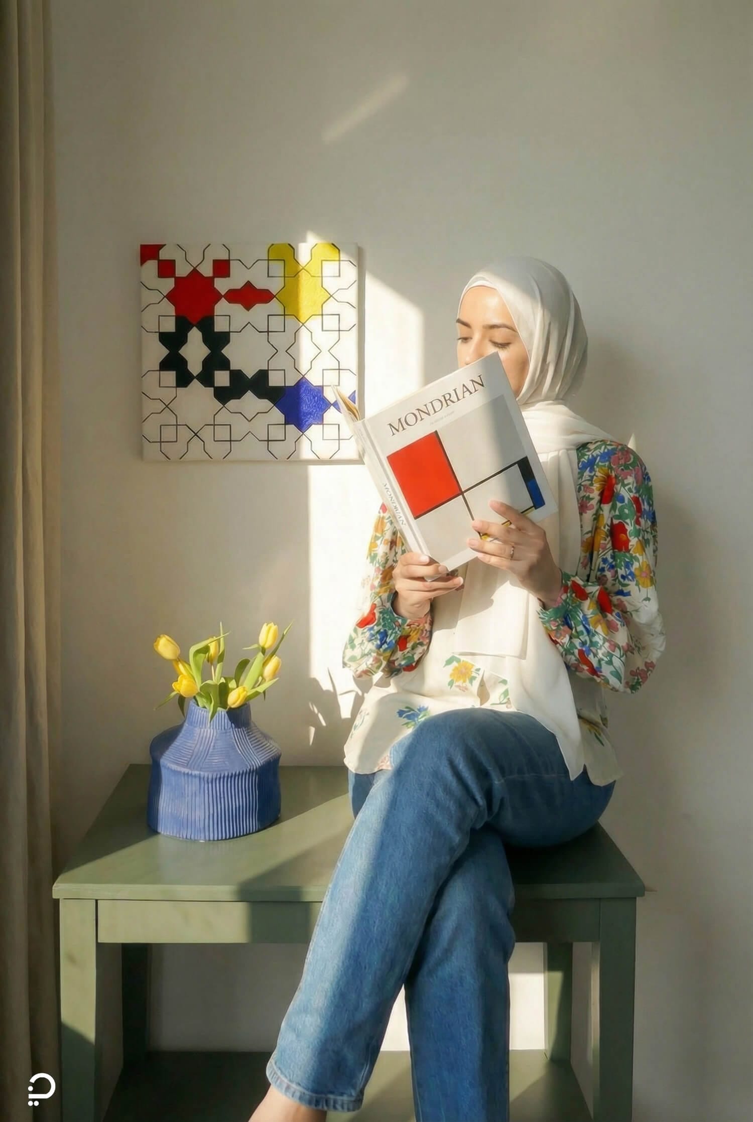 Modern geometric wall art inspired by Islamic patterns, Mondrian reimagined canvas displayed next to Neda A. (Artist)