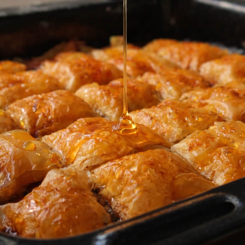 Warm honey and rosewater mix being poured over freshly baked baklava, soaking into the golden phyllo layers.