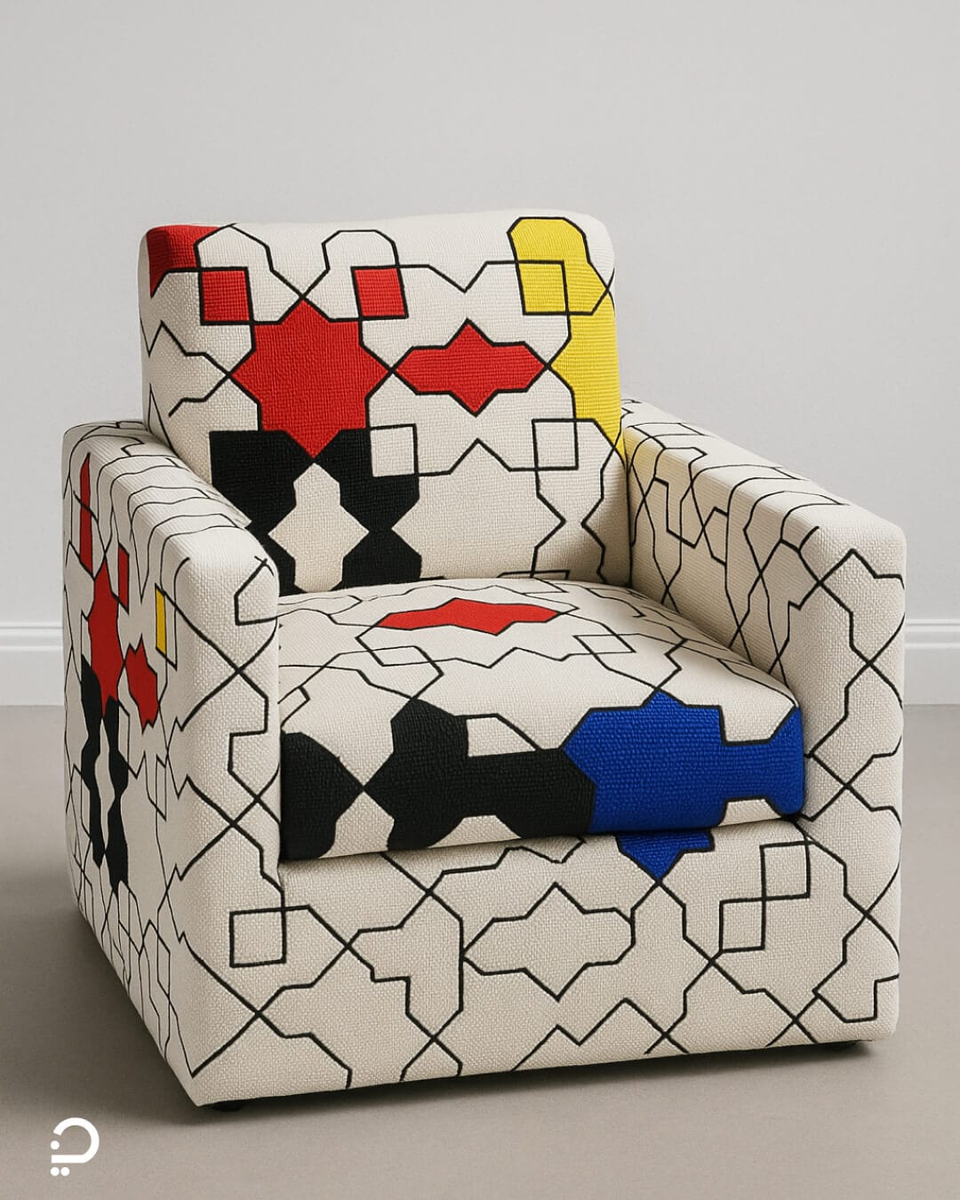 Upholstered armchair with Islamic geometric pattern and primary colour accents, inspired by modern geometric art