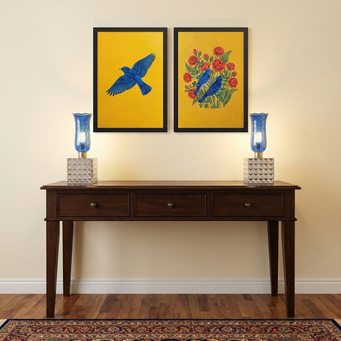 Contemporary Golo Morgh and Bolbol Persian wall art displayed in a modern Persian interior with laleh lamps and aina kari mirrorwork details.