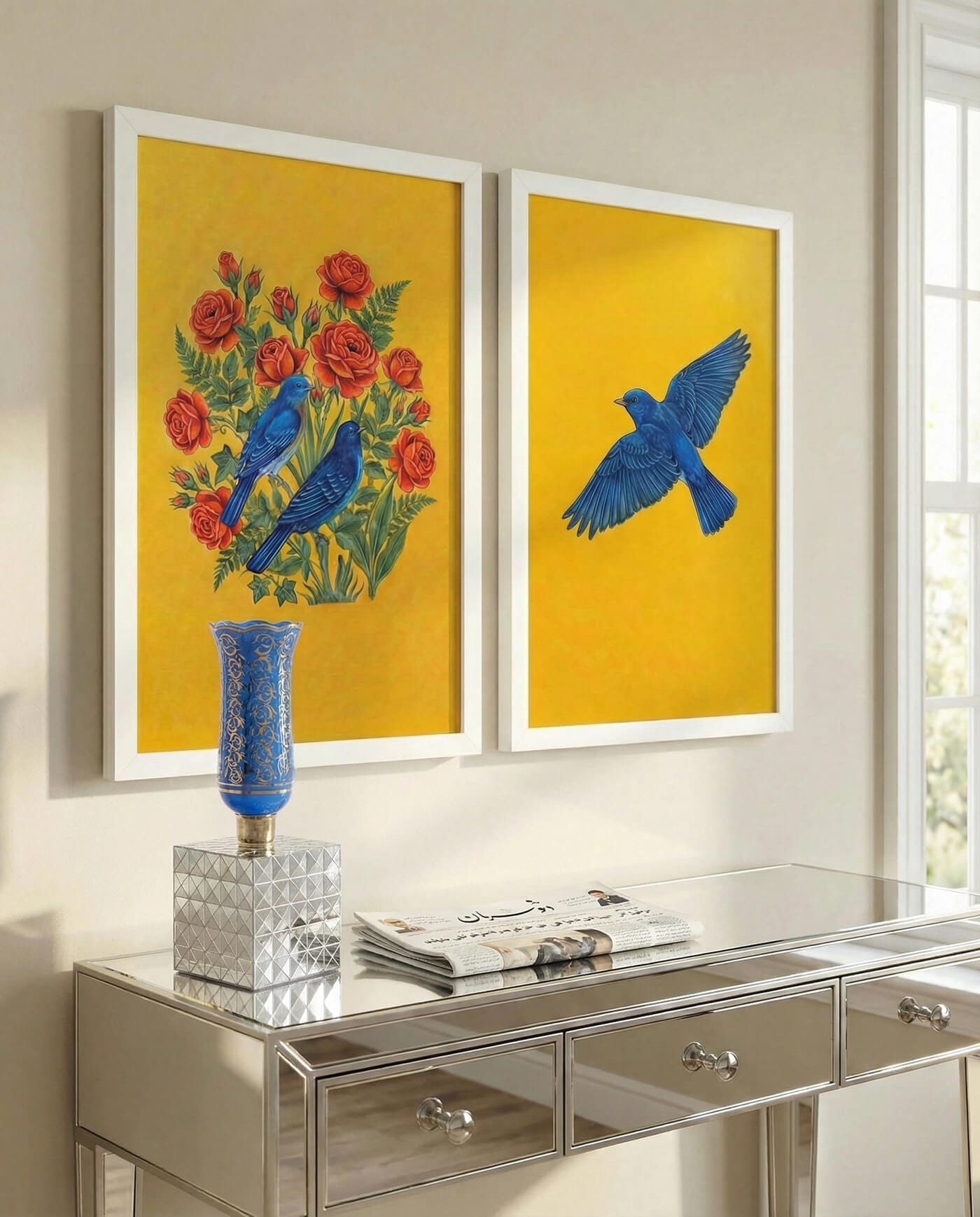 Contemporary Golo Morgh Persian art duo in white frames with laleh lamp and mirror console