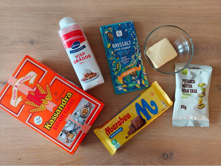 Ingredients for chocolate kataifi salami laid out before preparation.