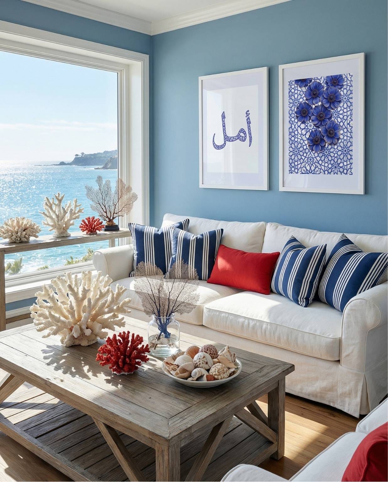 Amal calligraphy and blue botanical geometric lace print framed on a blue wall in a coastal living room overlooking the sea.