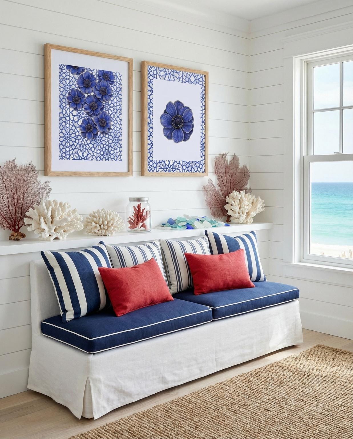 Blue geometric lace Islamic wall art prints framed in wood displayed above a coastal bench with striped cushions and ocean view.