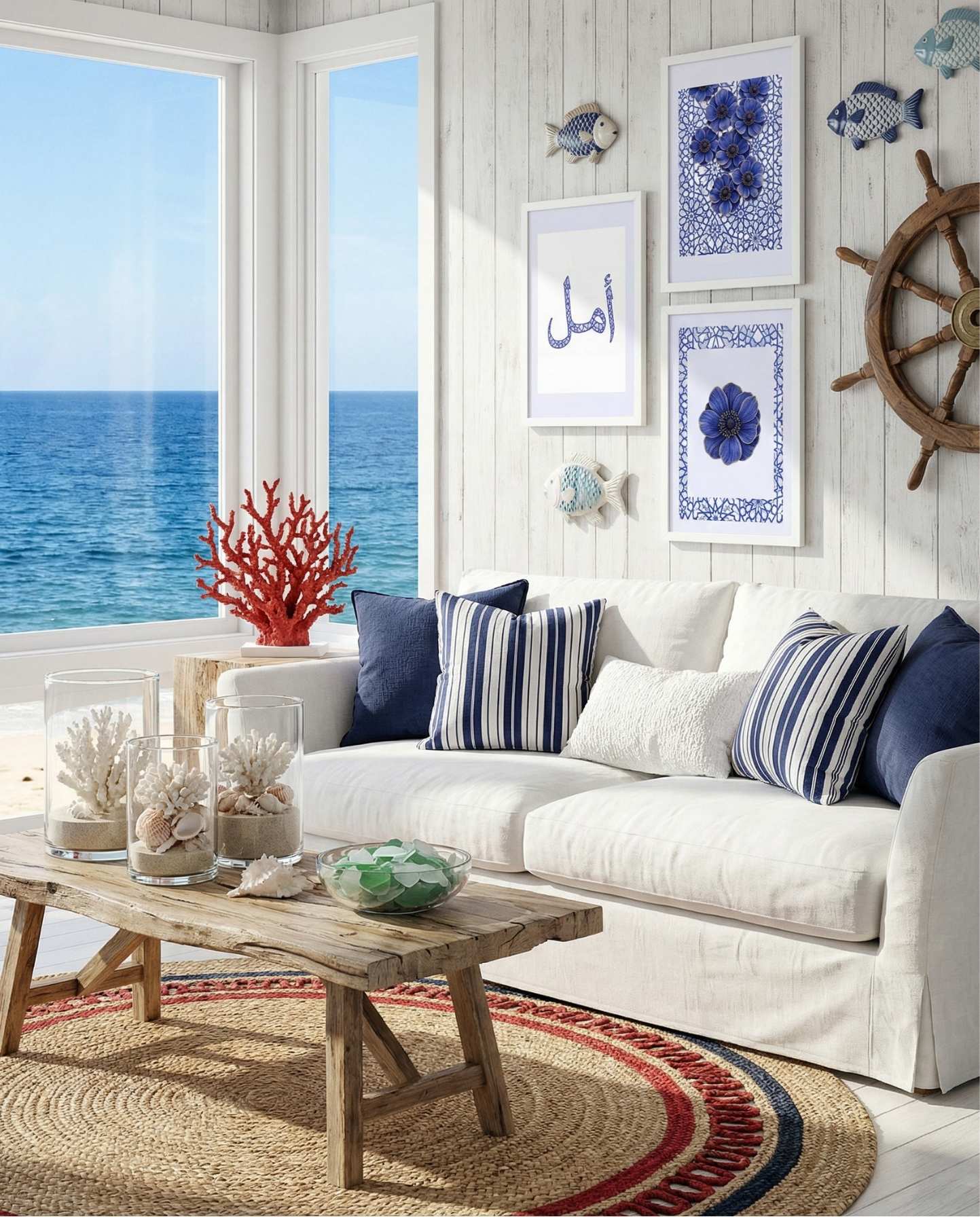 Blue geometric & floral Islamic wall art and Amal calligraphy arranged as a gallery wall in a coastal living room with ocean view and neutral decor.