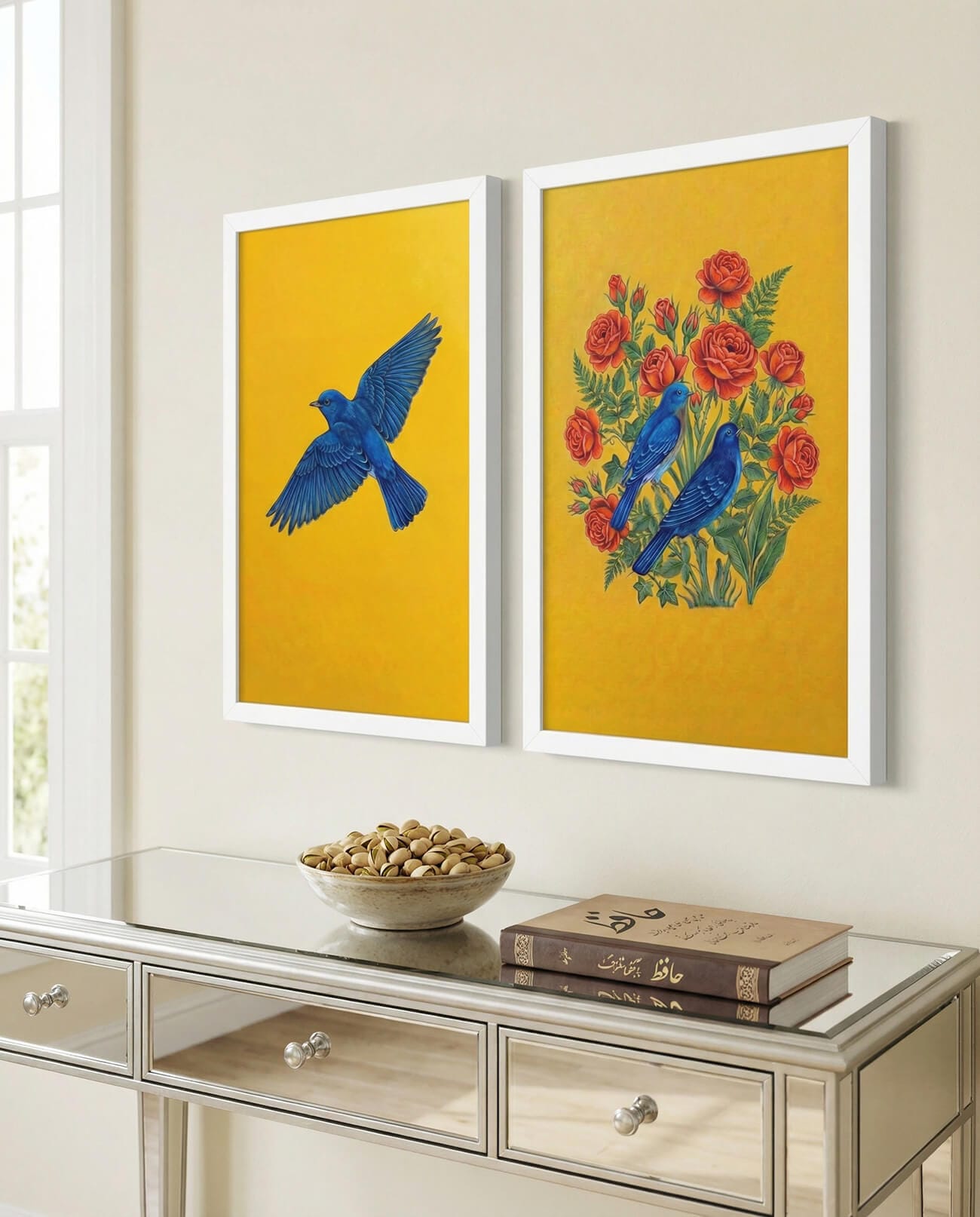 Framed contemporary Golo Morgh and Bolbol Persian wall art featuring the nightingale and rose, styled in a modern interior.