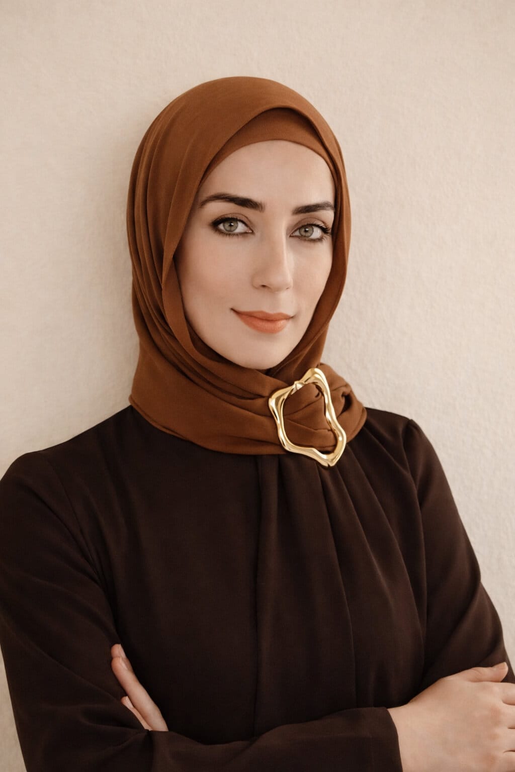 Modest blogger wearing a chocolate brown outfit and caramel hijab secured with a gold hijab brooch (hijab pin)