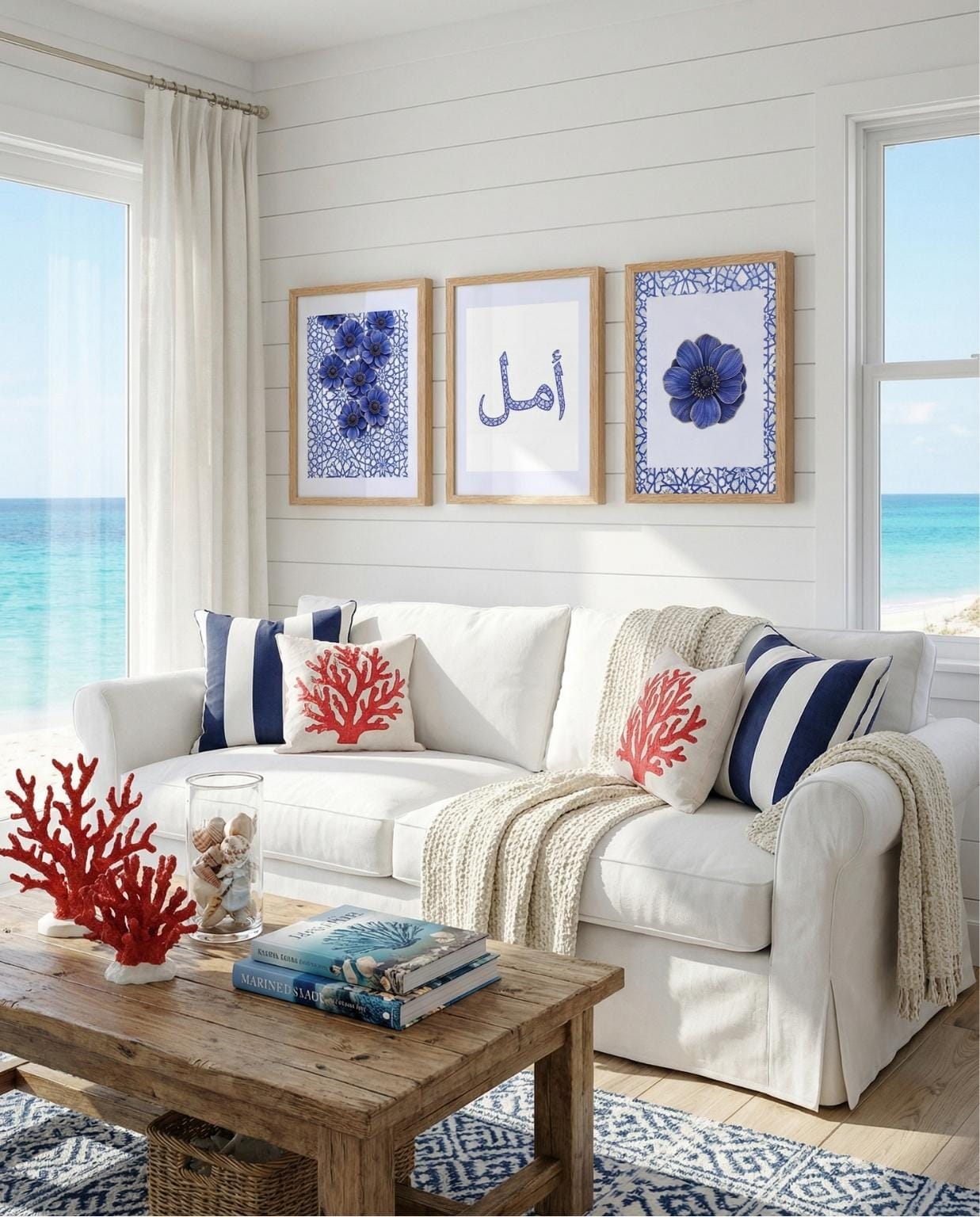 Three oak framed blue botanical Islamic geometric prints including Amal calligraphy arranged above a white sofa in a modern coastal interior.