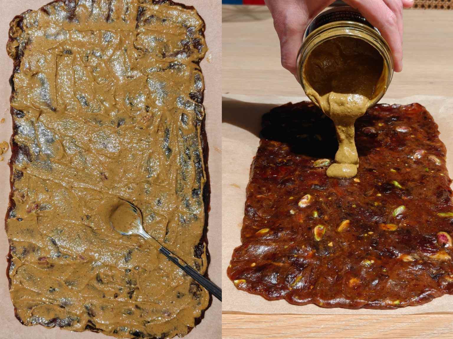 adding and spreading nut butter over pistachio date mixture