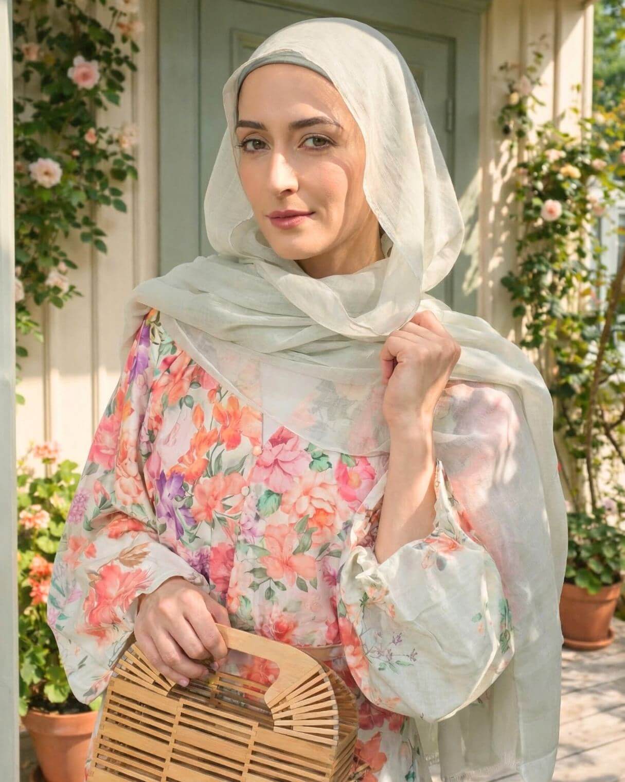 Close-up portrait of a woman in a pastel floral modest dress and soft sage hijab seated outdoors, styled as a light spring modest outfit for hijabis.