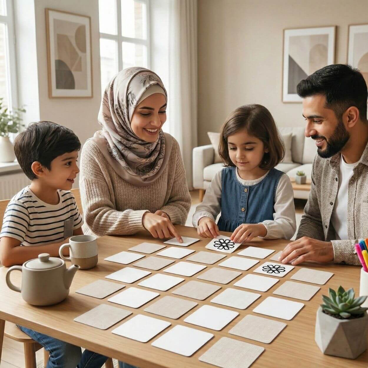 family playing islamic geometric memory matching game with printable cards