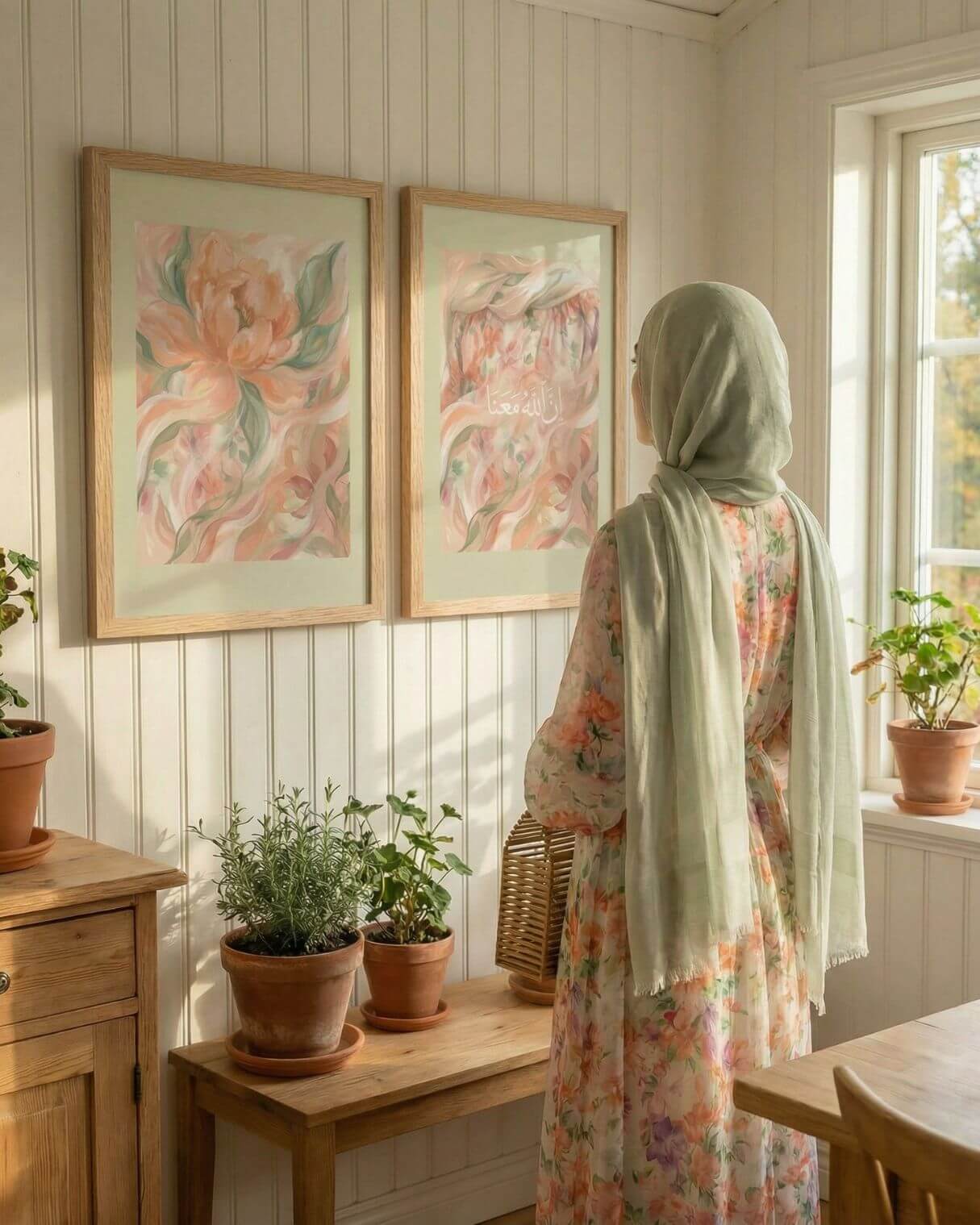 Pastel modest outfit with floral dress and sage hijab styled indoors beside coordinating Islamic-inspired wall art prints in soft blush and sage tones.