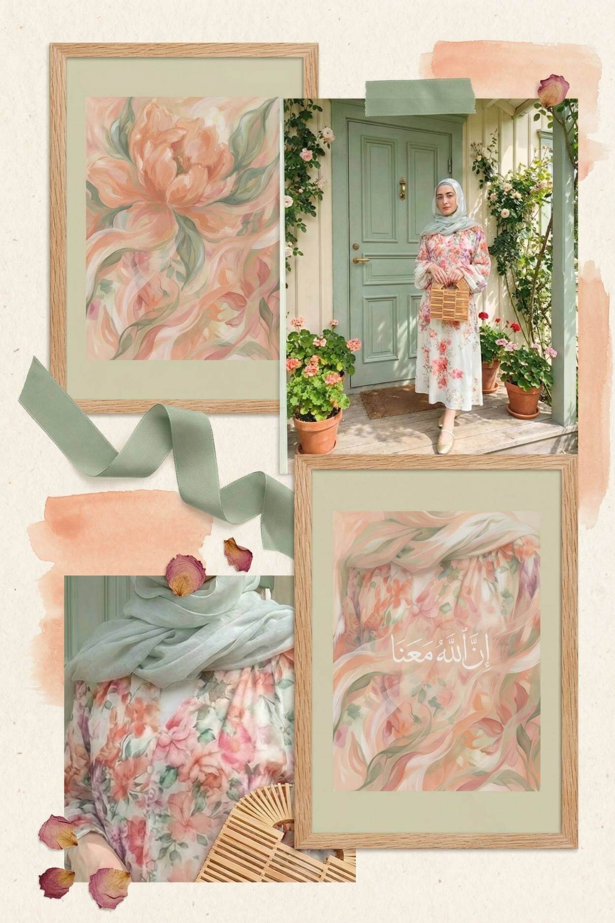 Mood board collage featuring a pastel floral modest dress outfit with sage hijab alongside matching Deenista art prints inspired by the dress colours and soft floral palette.