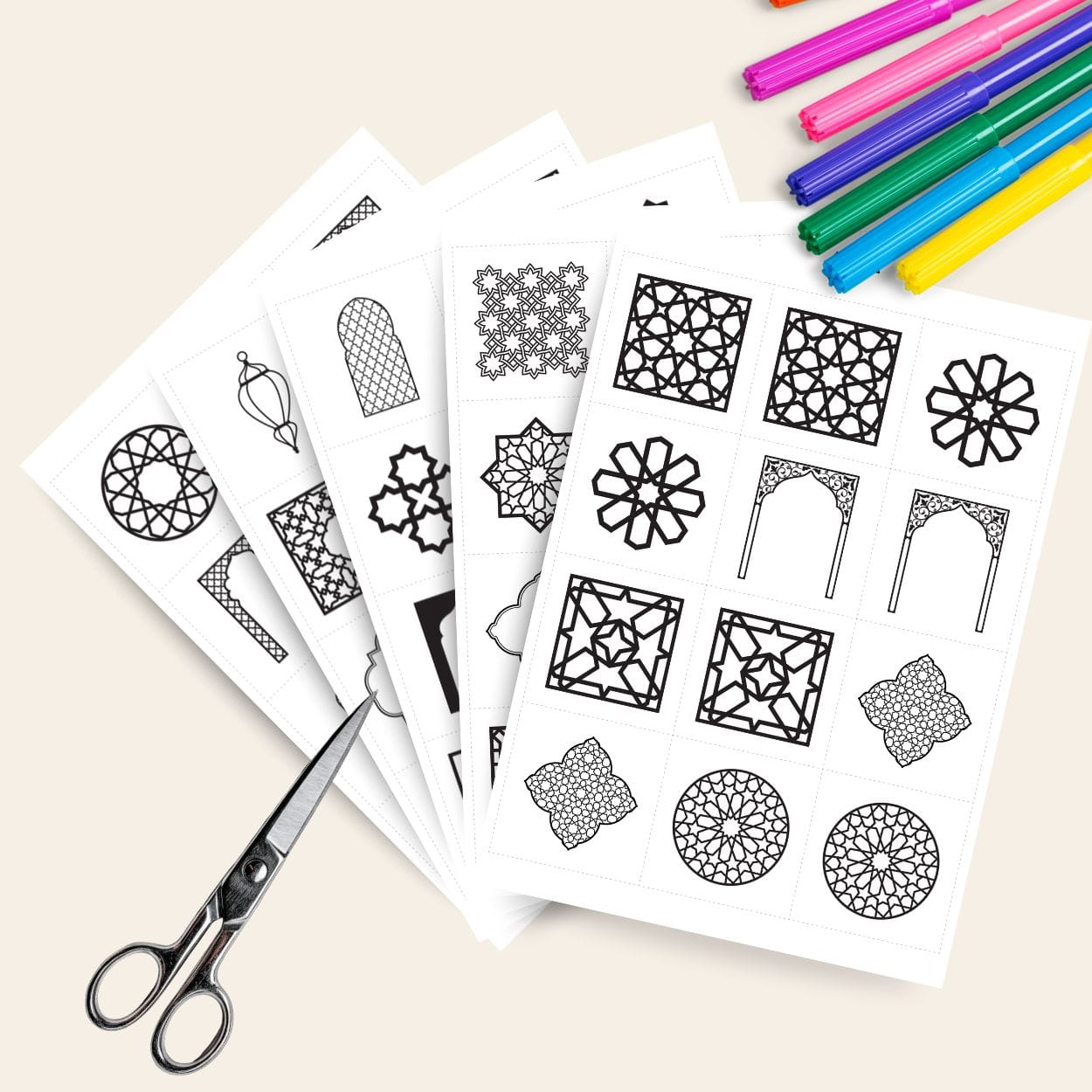 Printable islamic geometric pattern tiles for kids colouring and memory game activity