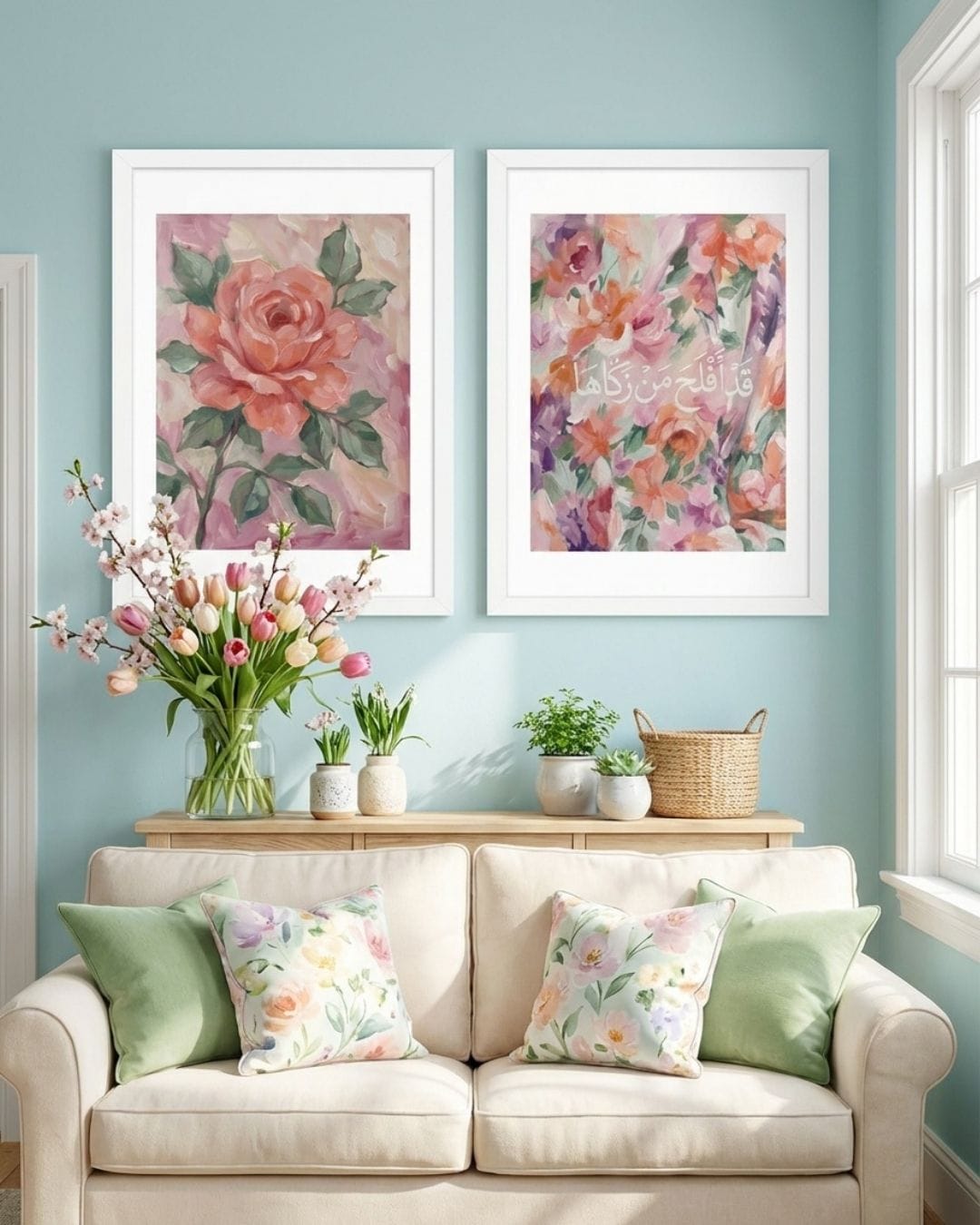 Qad aflaha man zakkaha floral Islamic printable art duo styled in a pastel living room