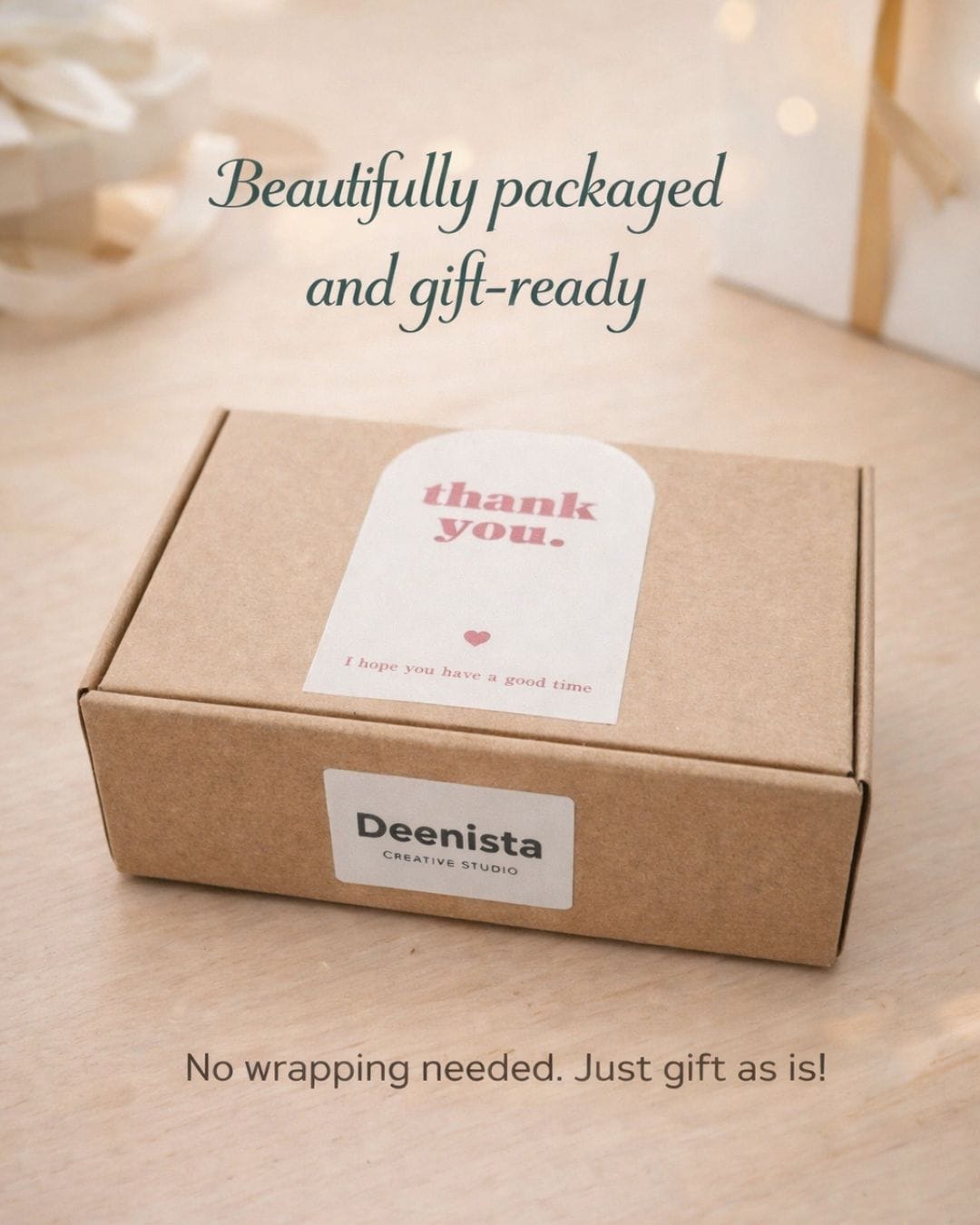 Deenista shimmer watercolor kit in an eco-friendly kraft gift box with a thank-you card, shown as beautifully packaged and ready to gift without extra wrapping.