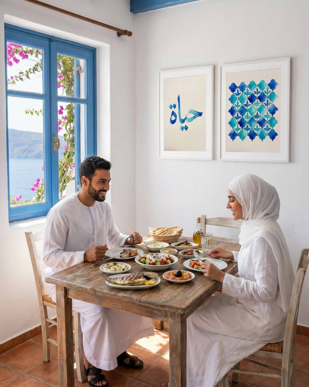 Muslim couple sharing a meal in a bright Mediterranean-style dining room with the Hayat Arabic calligraphy print and matching watercolor tile artwork on the wall