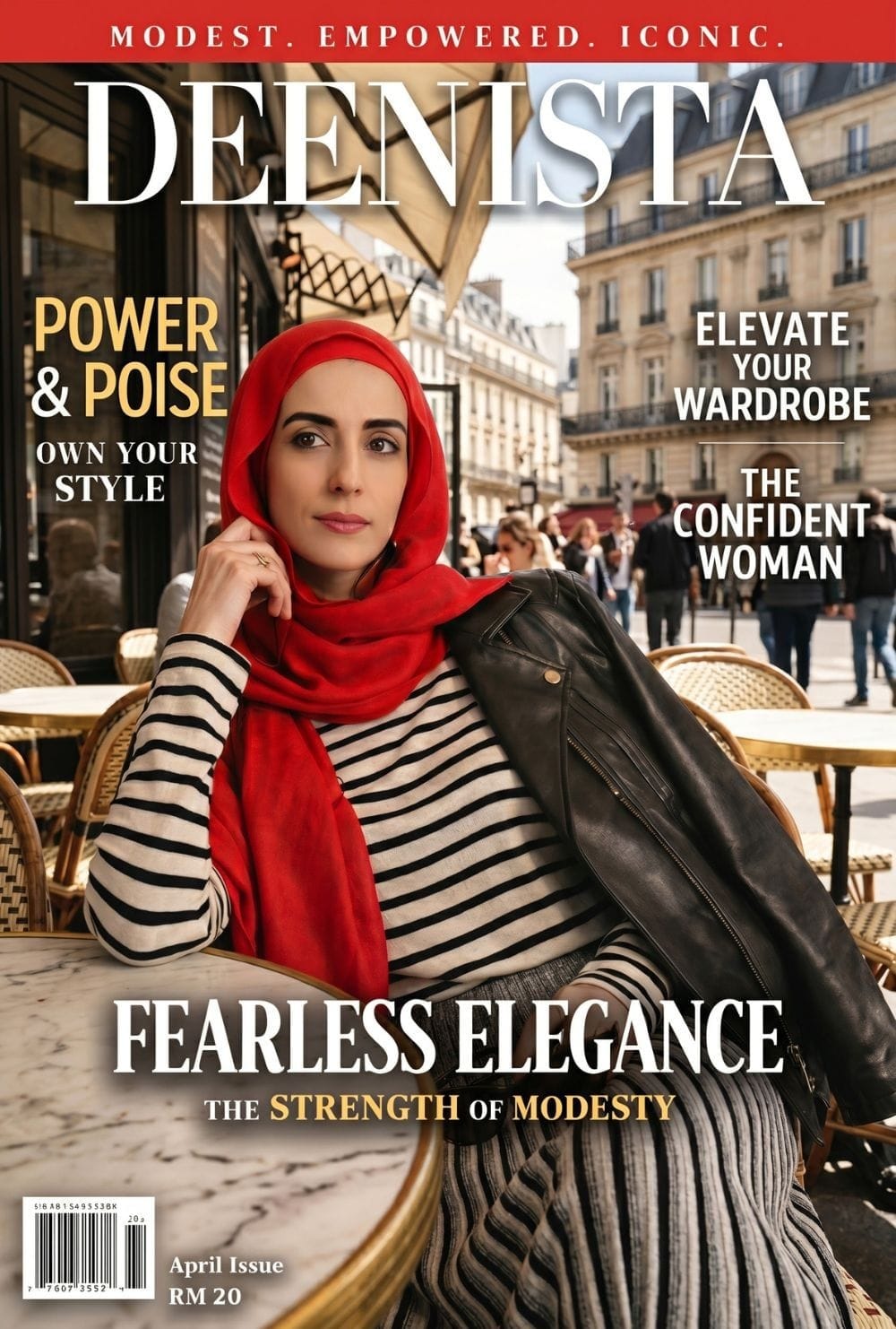 Mock Deenista magazine cover featuring a woman in a red hijab and striped modest outfit at a Paris-style café