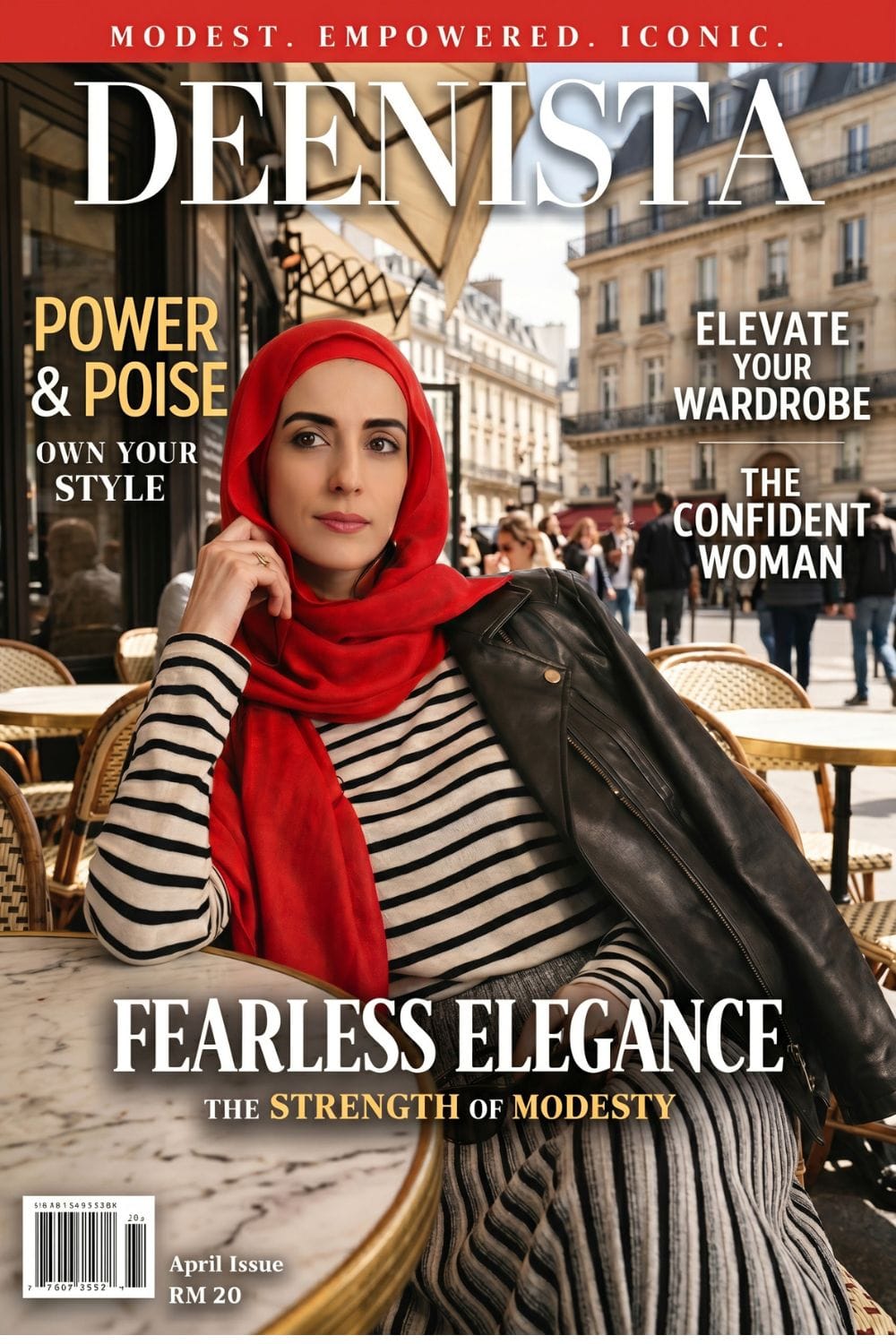 Mock Deenista magazine cover featuring a woman in a red hijab and striped modest outfit at a Paris-style café