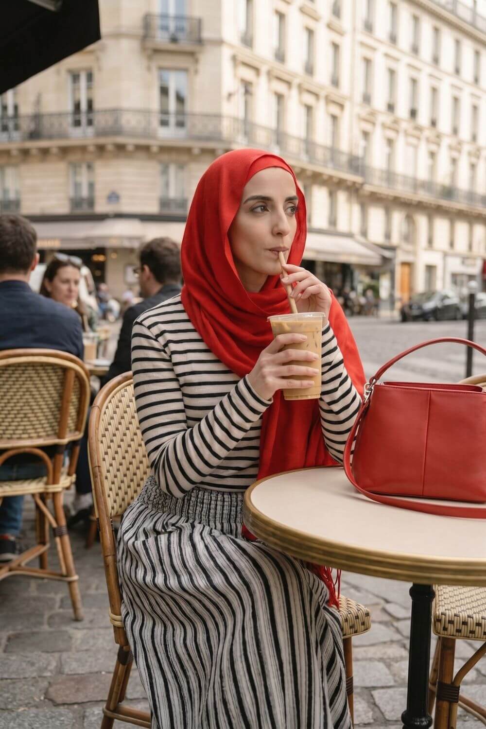 Woman in a red hijab and striped modest outfit drinking iced coffee at a Paris-style café