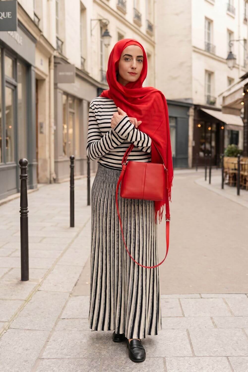 Woman in a red hijab and striped modest co-ord set standing on a Paris-style street with a red handbag