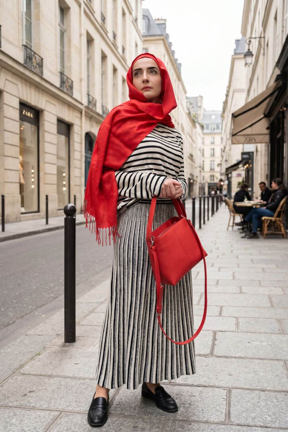 Woman in a red hijab and striped Zara co-ord set with a red handbag for a French modest look