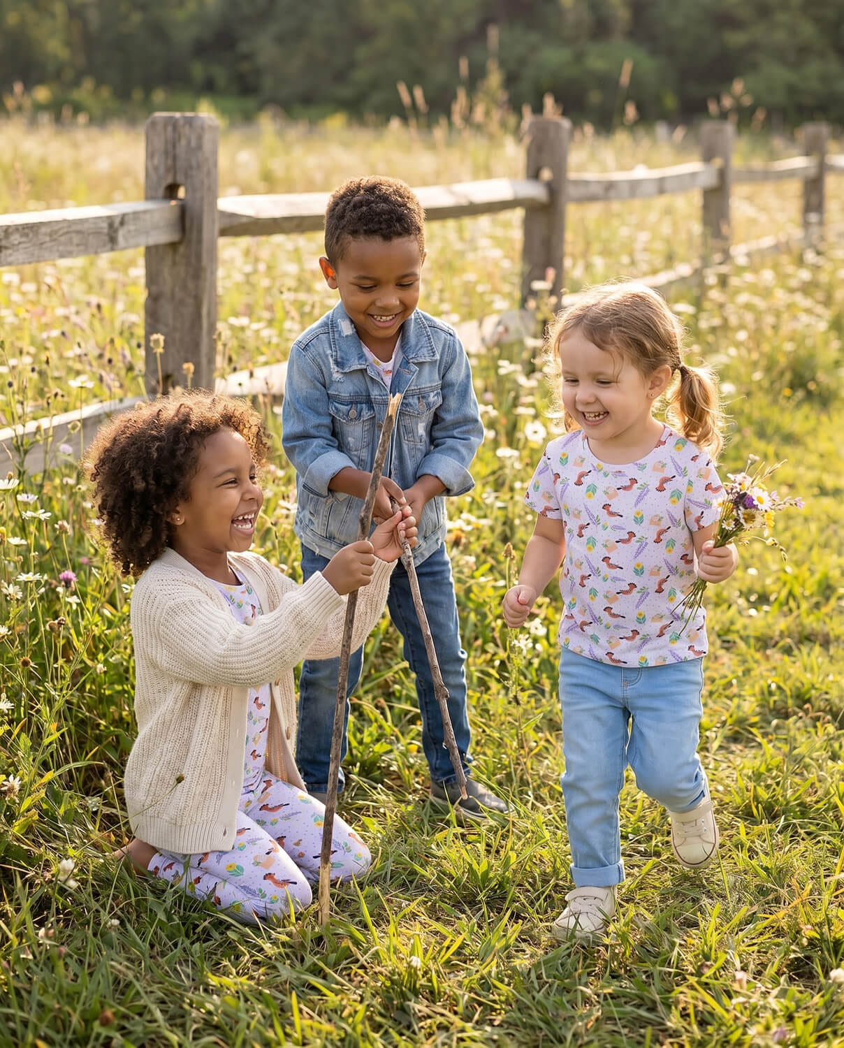 Children outdoors wearing Hudhud bird kids clothing inspired by Surah An-Naml in the Quran, featuring the Deenista hoopoe bird illustration pattern.