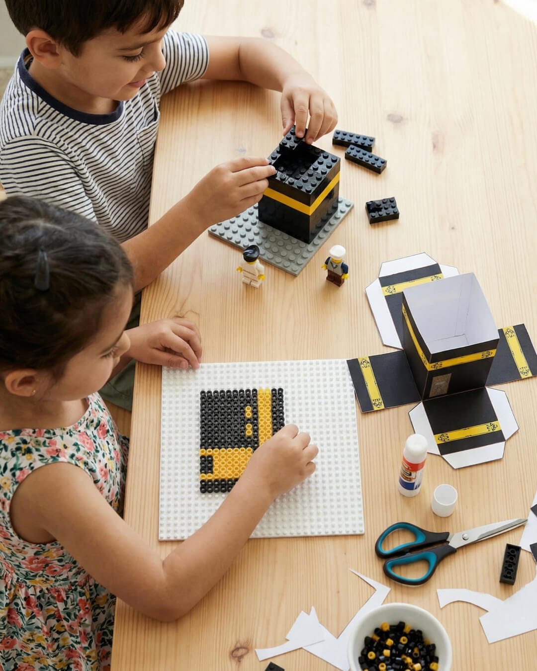 Children creating different Kaaba-inspired crafts including paper models, bead art, painting, and building block activities at home.