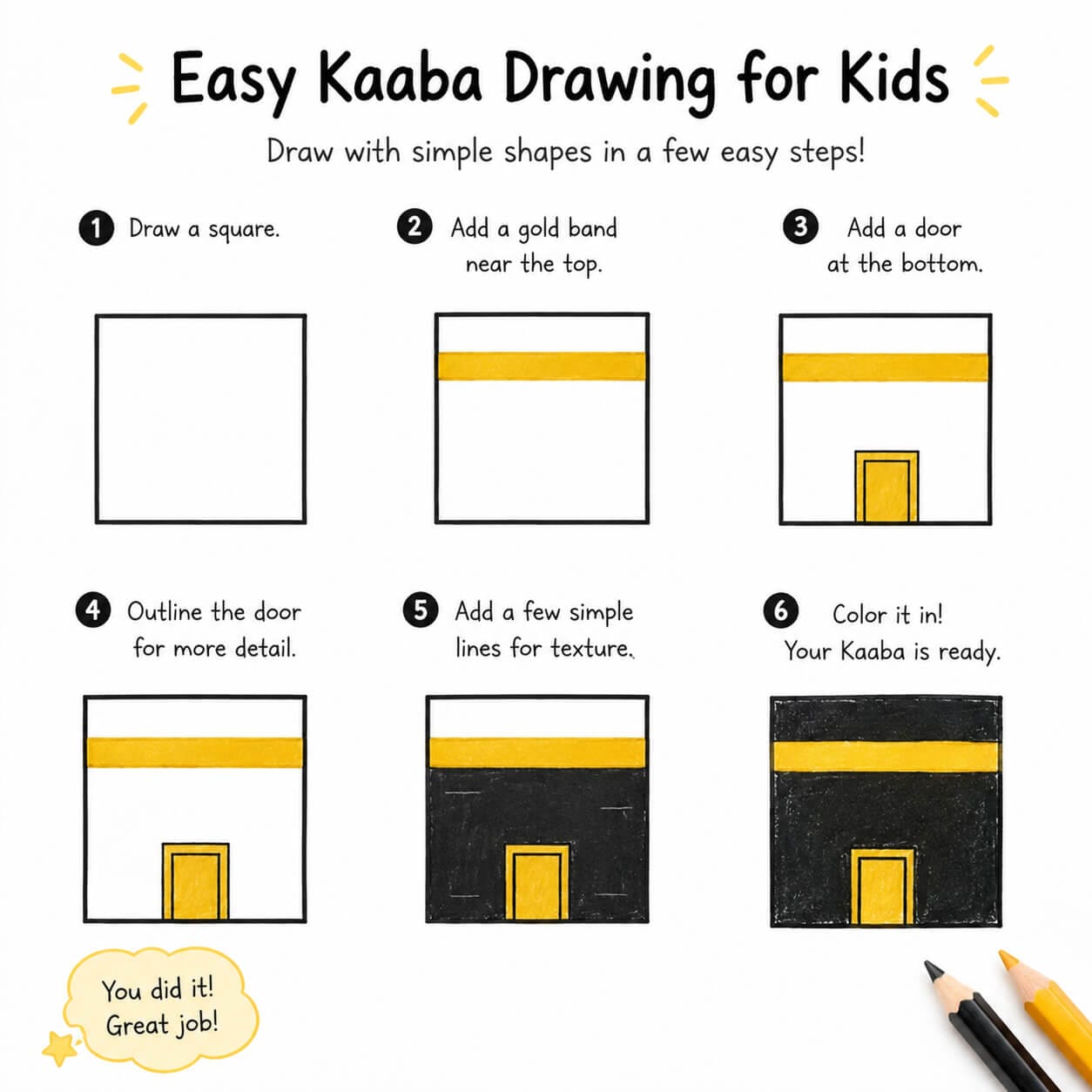 Step-by-step easy Kaaba drawing tutorial for children using simple shapes and colours