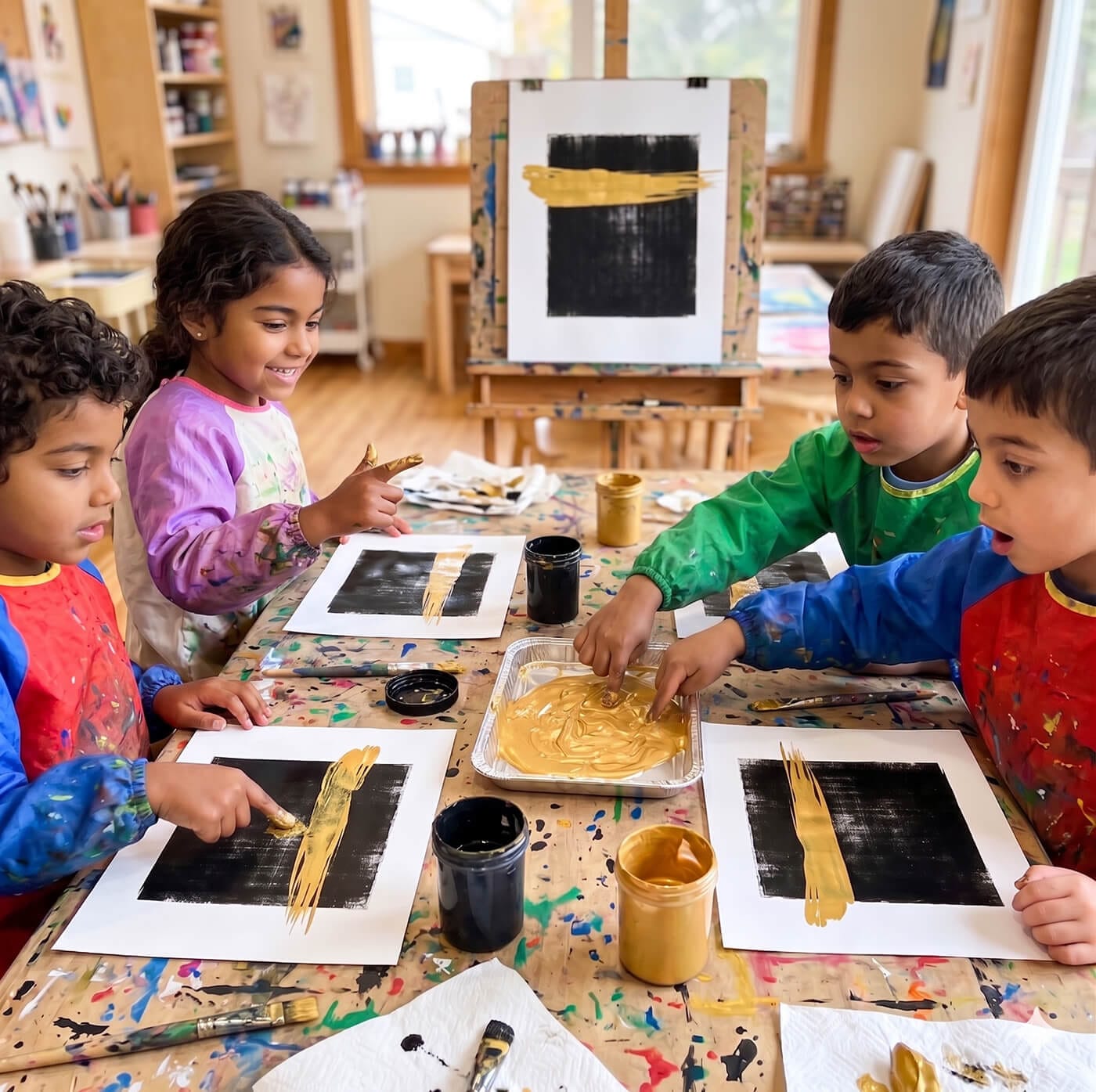 Children painting simple Kaaba-inspired artwork with black and gold paint during an Islamic art activity for kids.