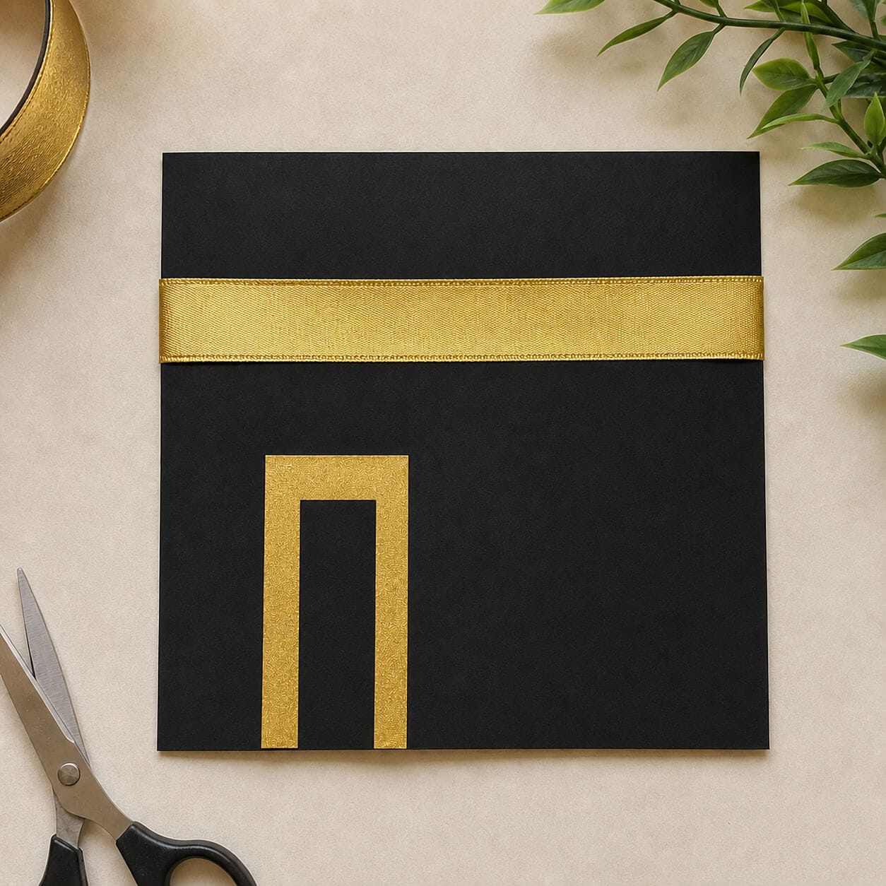 Simple DIY Kaaba paper craft made from black cardstock and gold ribbon for children