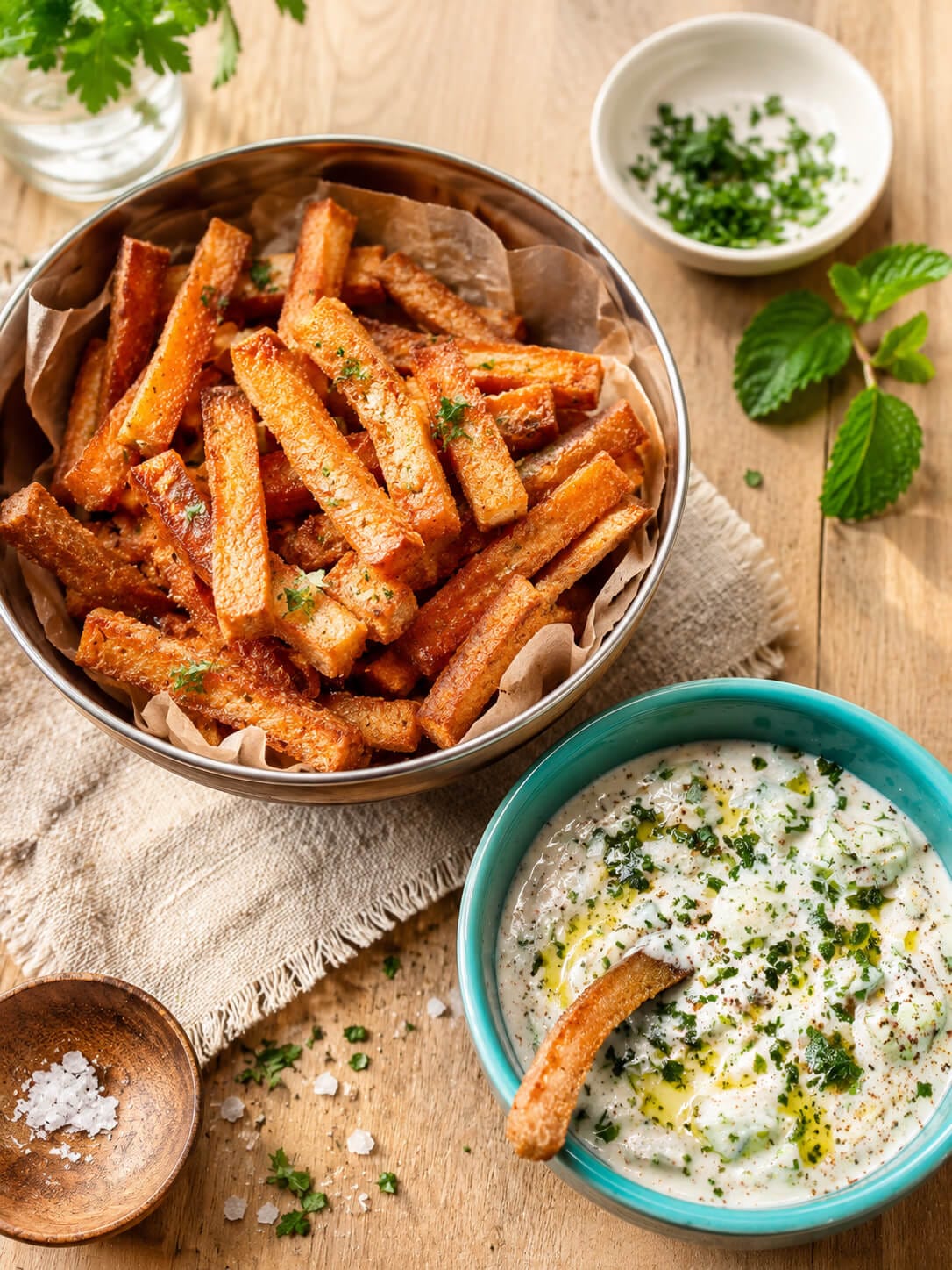 Crispy leftover bread bites with Persian mast o khiar yogurt dip on a wooden table.