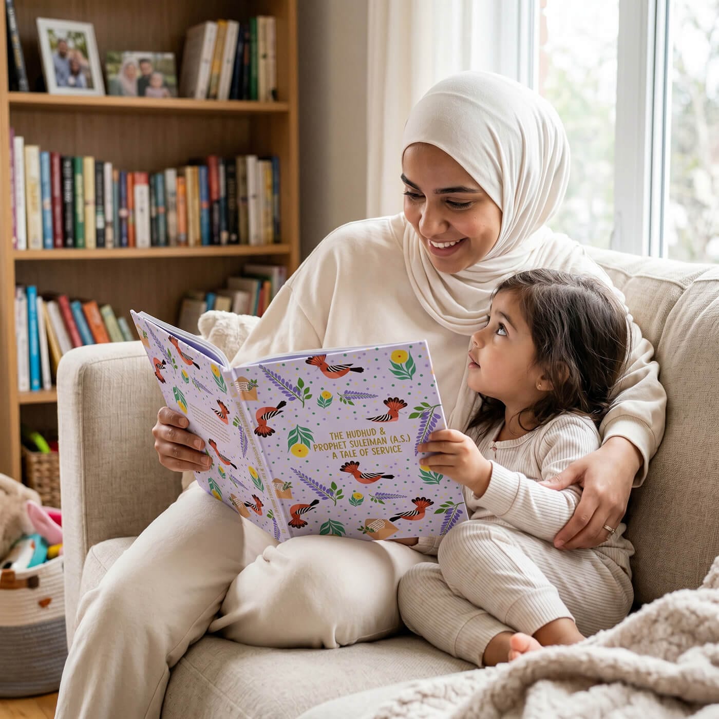 Muslim mother reading a Hudhud bird storybook with her child inspired by Prophet Suleiman and Surah An-Naml
