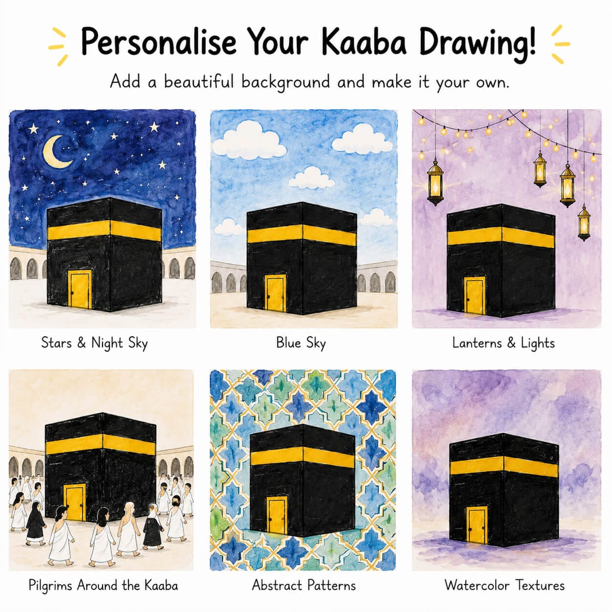 Creative Kaaba drawing ideas for kids with stars, lanterns, pilgrims, geometric patterns, and watercolor backgrounds