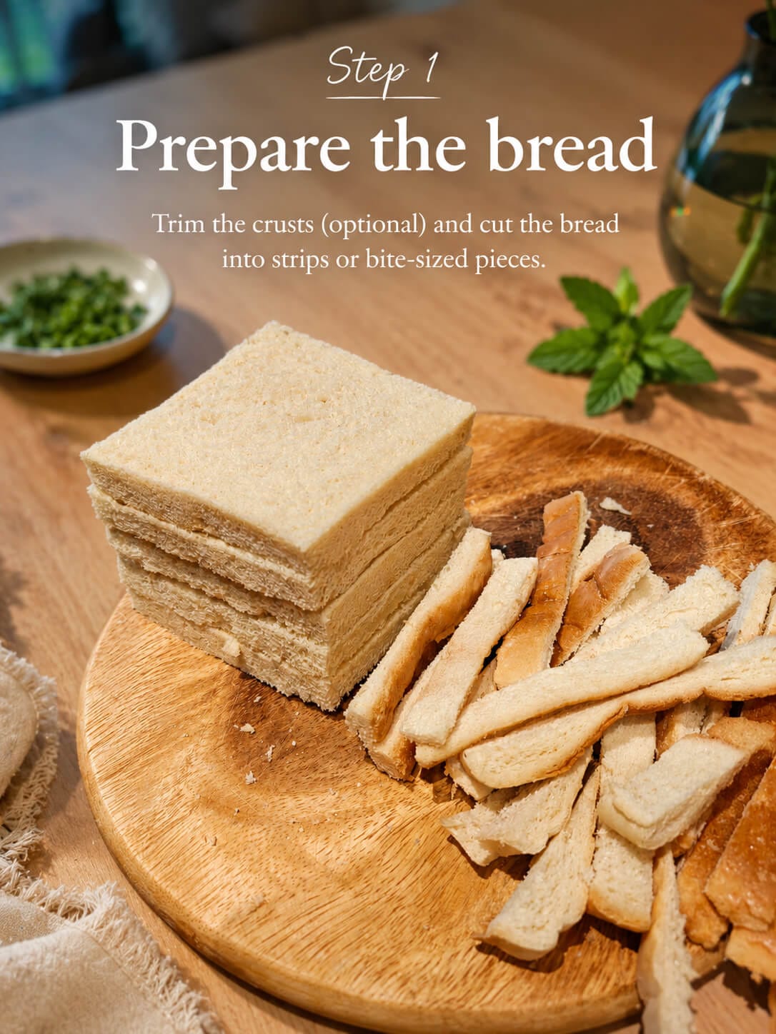 Slices of white bread and leftover crusts prepared on a wooden board for crispy bread bites recipe.