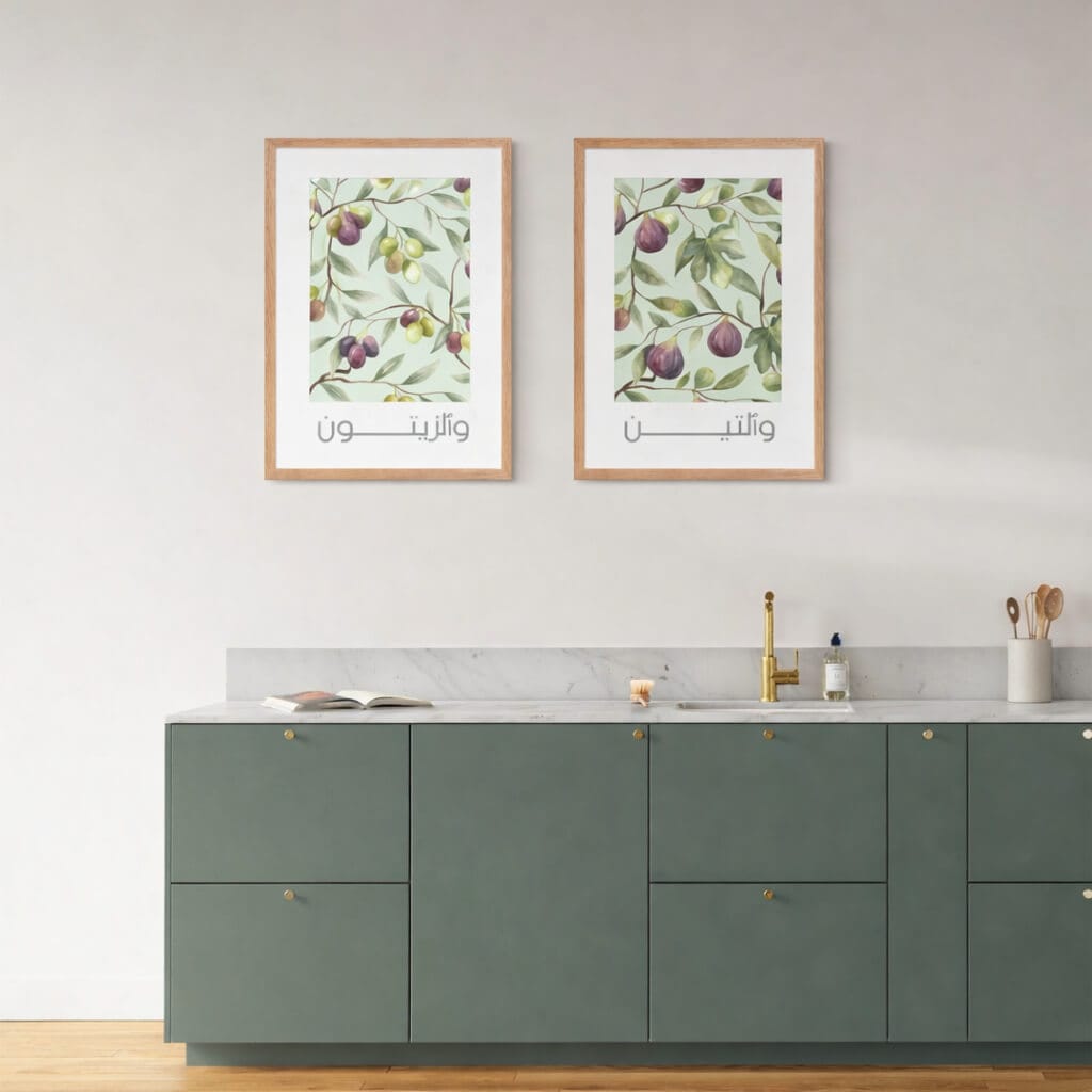 Deenista fig & olive Islamic wall art prints in a bright home, showing the botanical artwork behind the wearable art collection.