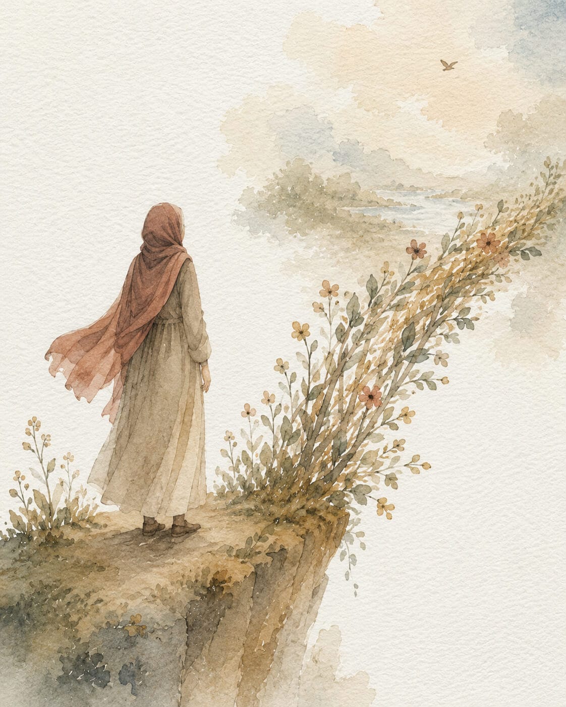 Soft watercolor painting of a woman in a flowing dress and hijab, seen from behind at the edge of a cliff, with a delicate floral bridge extending from her side into the distance on textured paper.