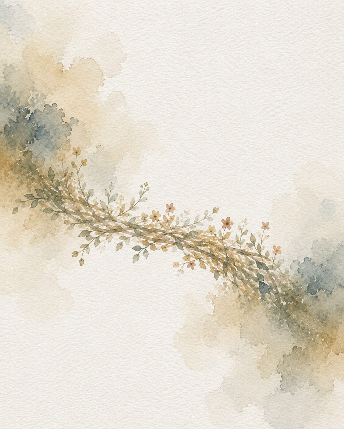 Abstract watercolor painting of a floral vine bridge between two soft washes of blue, beige, and sage on textured paper.