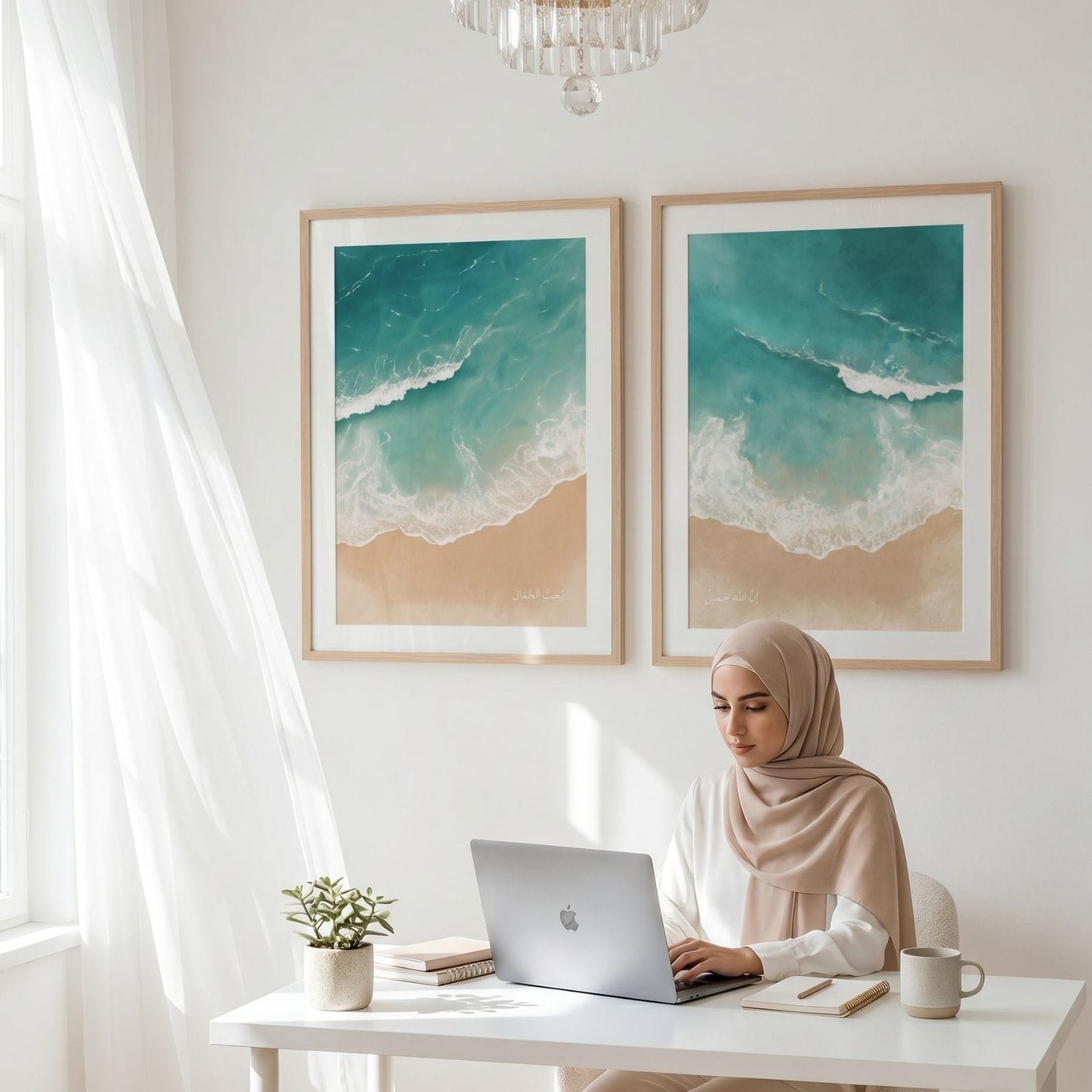 Ocean-inspired Islamic wall art duo displayed above a calm home office desk with a woman in hijab working below
