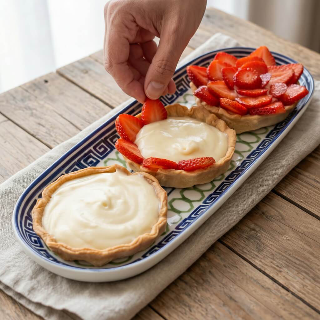 Arranging sliced strawberries on cardamom vanilla cream tartlets before serving.