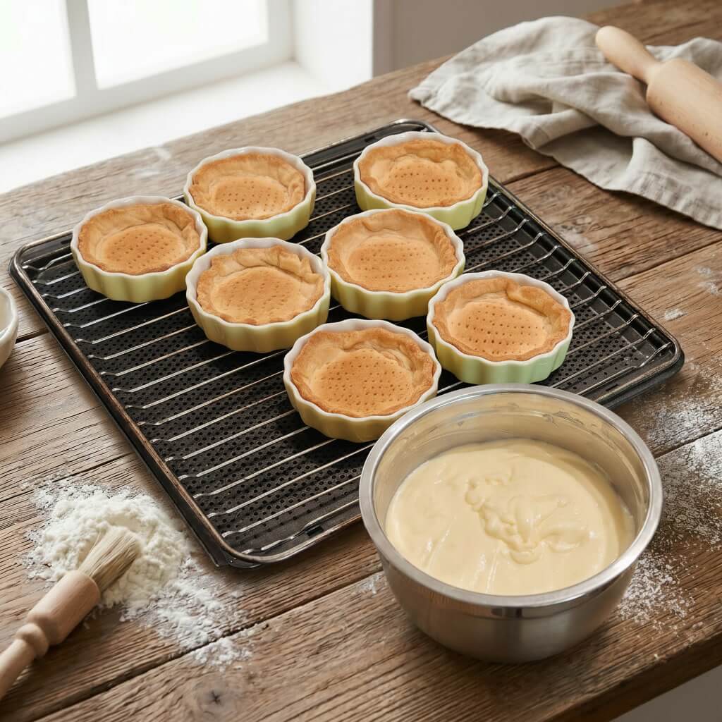 Freshly baked tartlet shells cooling before being filled with vanilla cream for cardamom strawberry tartlets.
