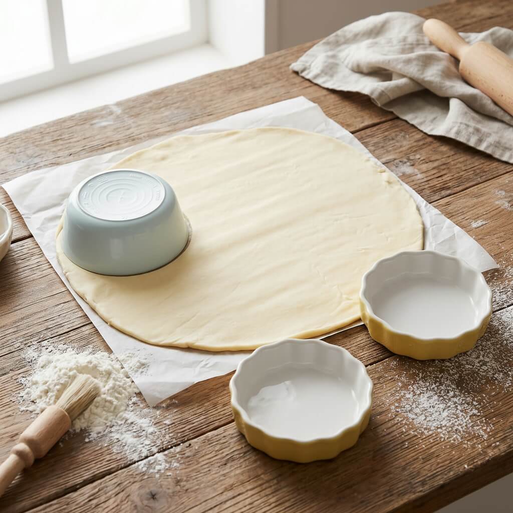 Using a bowl as a guide to cut circles from ready-made pastry dough for individual strawberry tartlets.