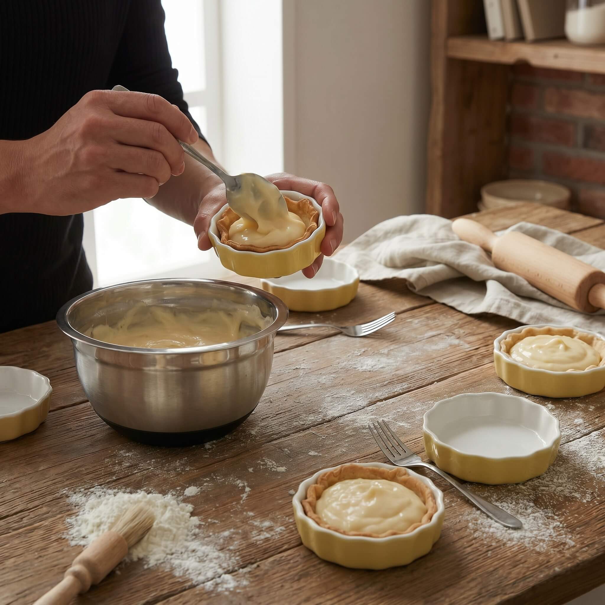 Spooning cardamom vanilla cream into baked tartlet shells before adding fresh strawberries.